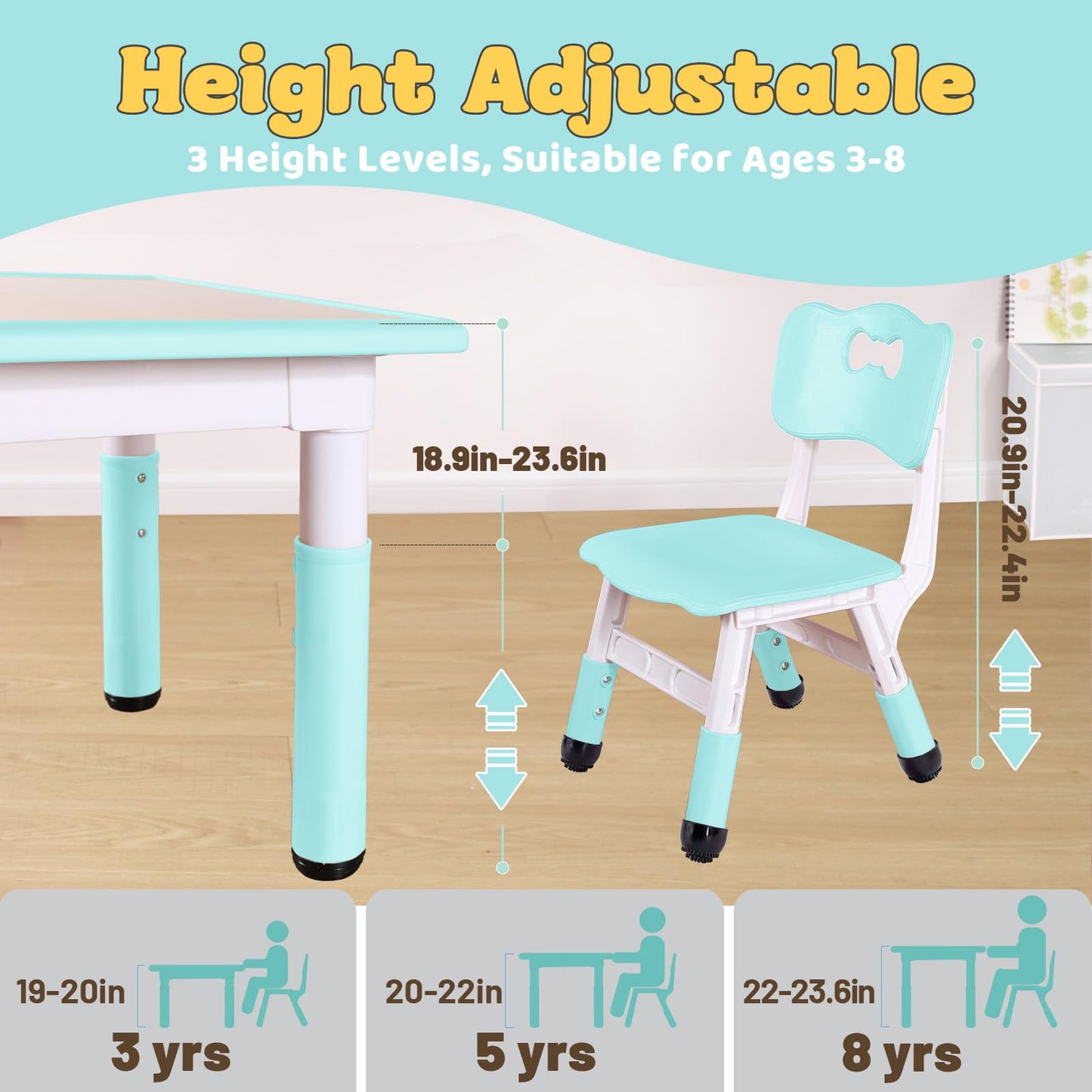 FUNLIO Kids Table and 2 Chairs Set, Height Adjustable Toddler Table and Chair Set for Ages 3-8, Easy to Wipe Arts & Crafts Table, for