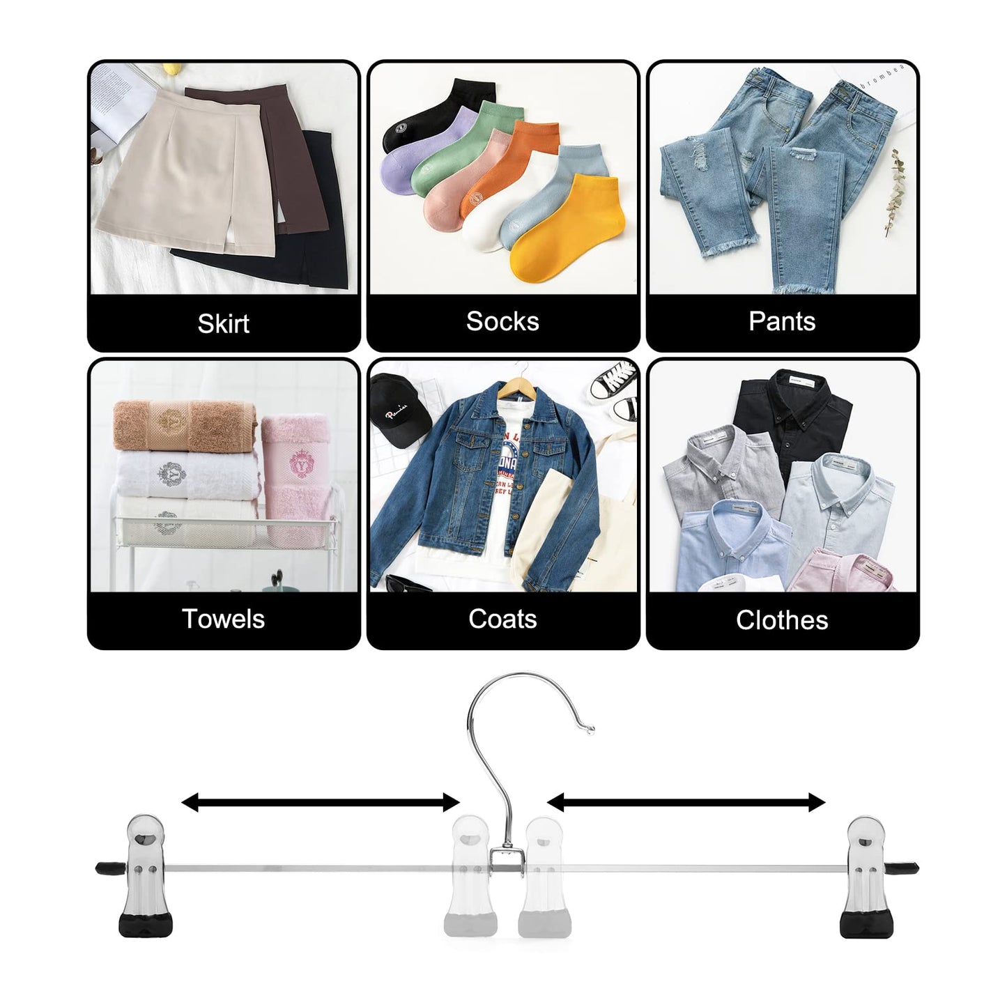 GUANJUNE Skirt Hangers with Adjustable Non-Slip Clips, Space Saving Metal Hangers for Coat, Garment, Jeans - 10 Pack