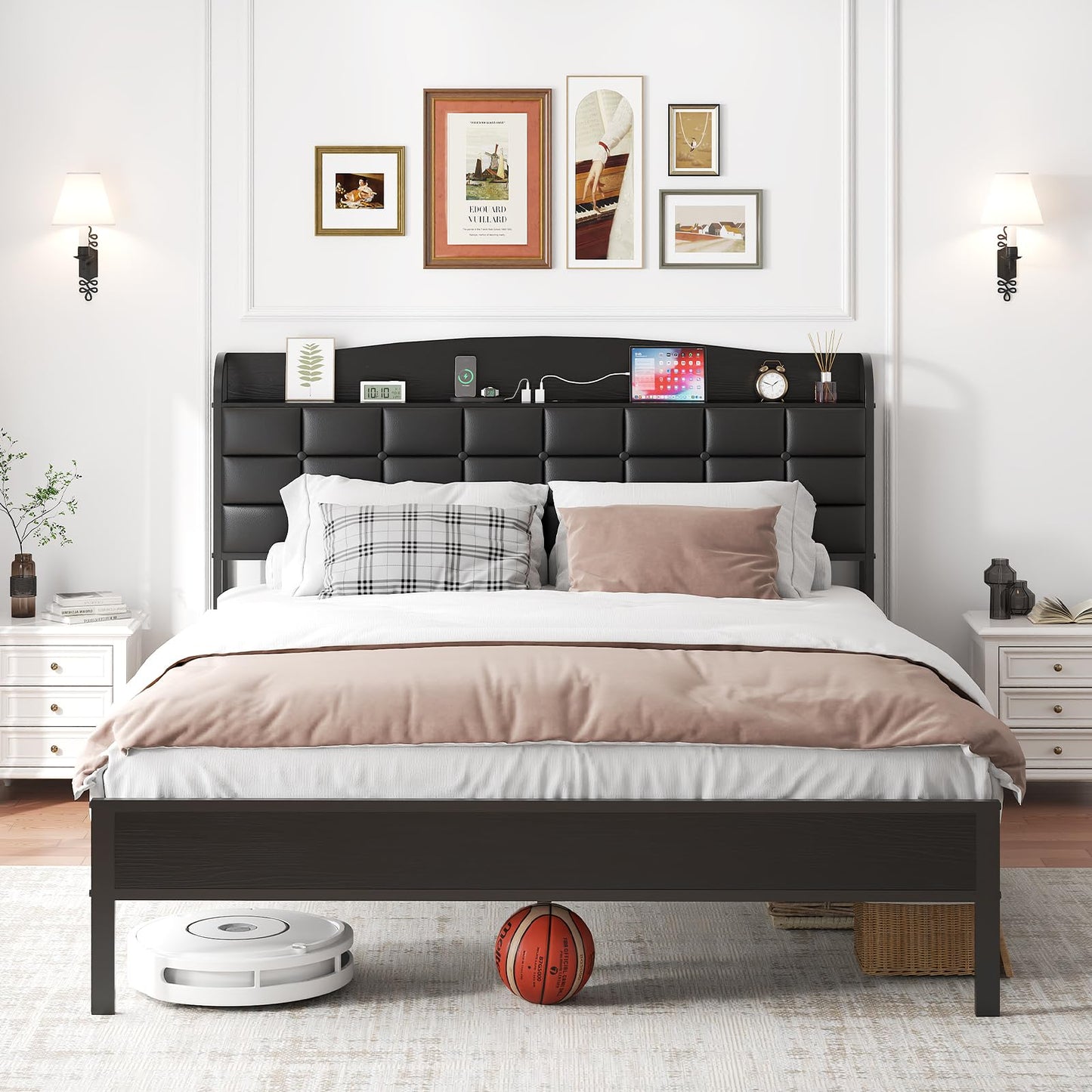 WOWTRELAX Double Bed Frame with Charging Headboard Storage Shelf 135x190cm