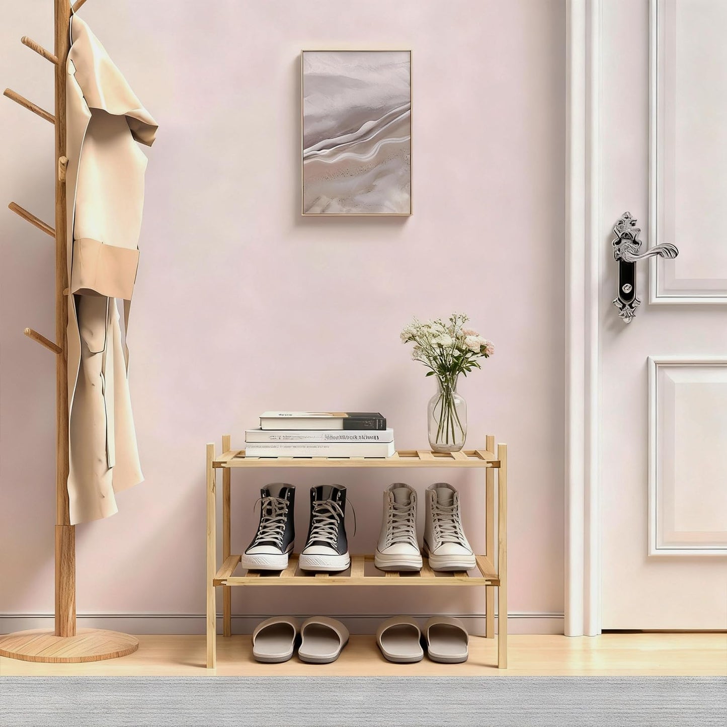 Akloya Small Shoe Rack, Multipurpose 2 Tier Shoe Organizers Rack，Small Bamboo Shelfs for Shoes, Plants, Books, Living Room, Hallway Bedroom, Bathroom