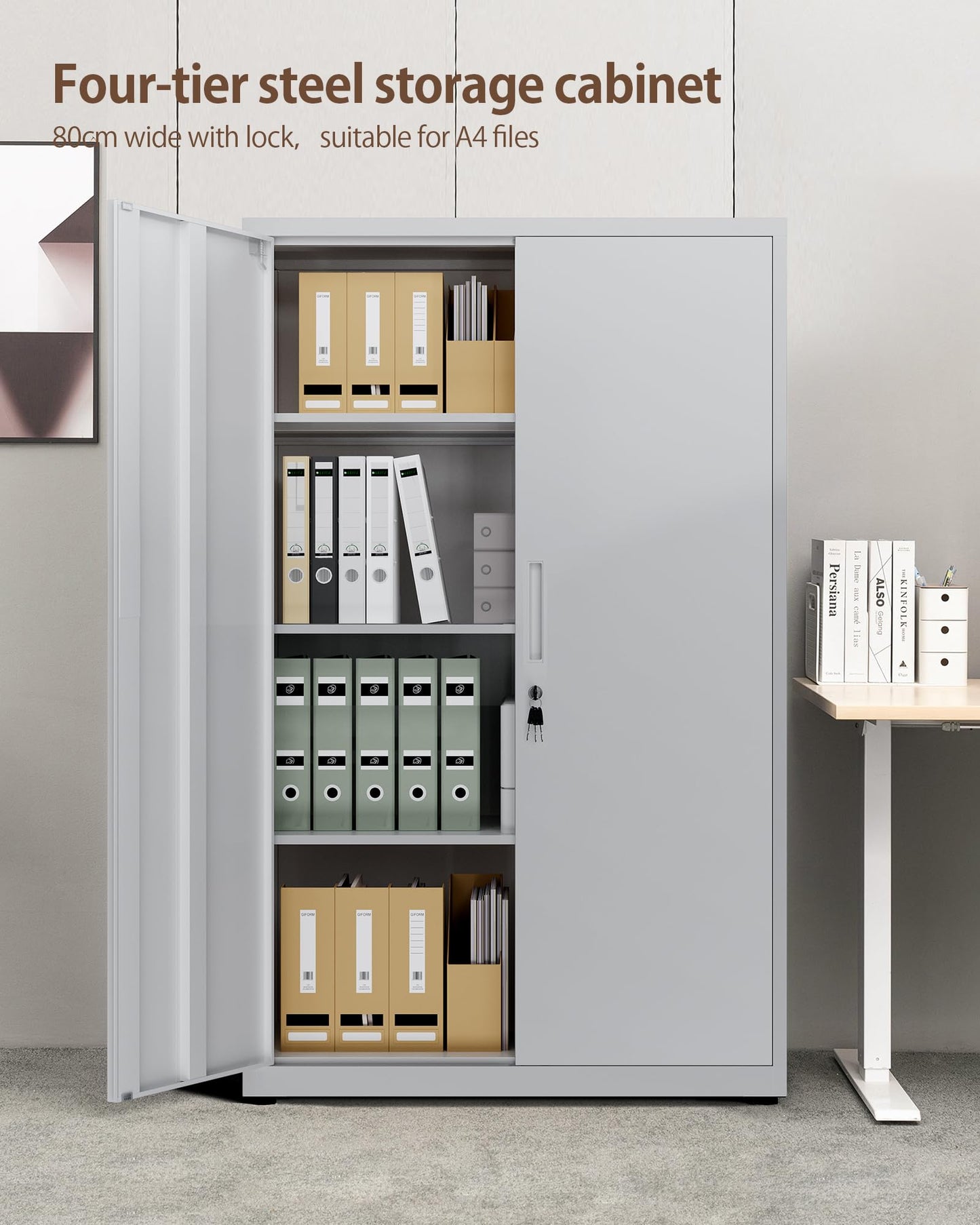 LAND·VOI 4-Tier Lockable Tall Storage Cabinet, Adjustable Shelves Double Door Cupboard 40×80×131.5cm Light Gray