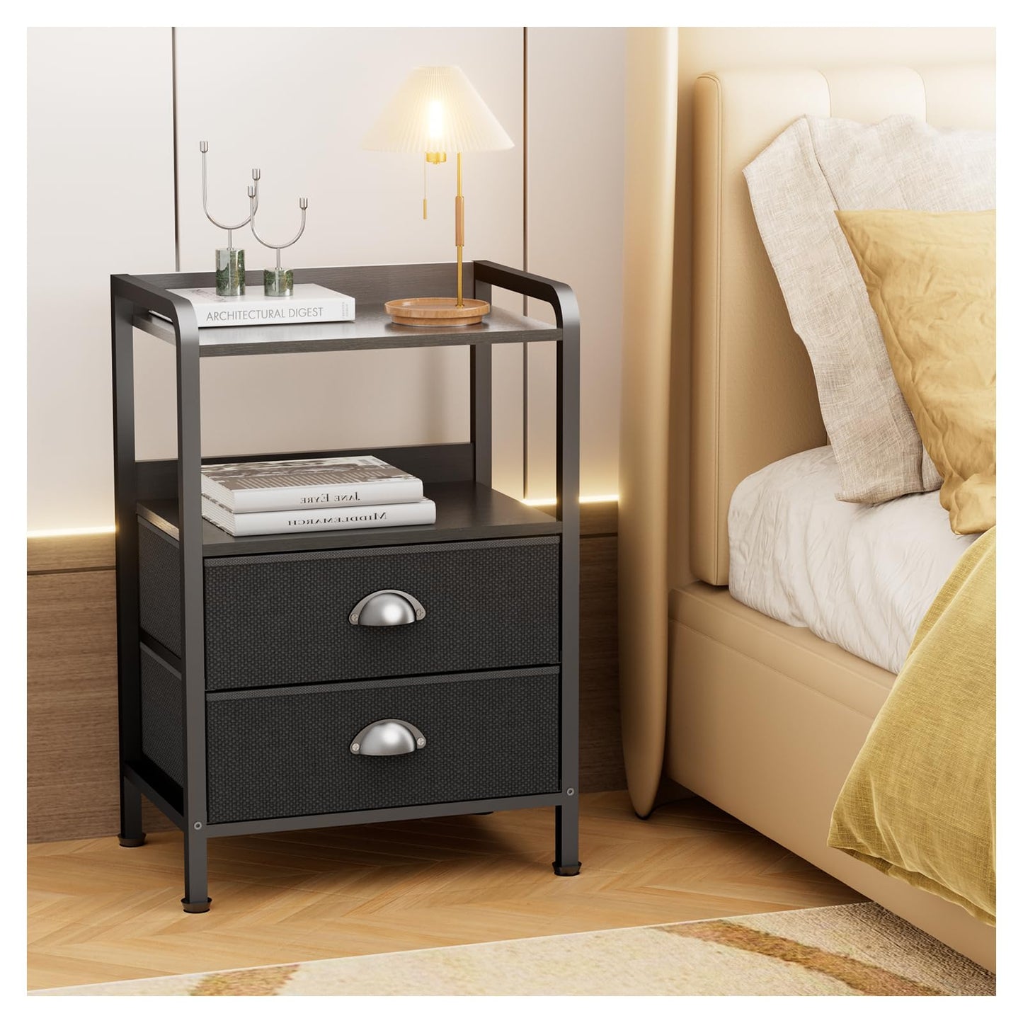 Bedside Table Chest of Drawers Bed Side Table Bedsides Tables Cabinet Nightstand with 2 Fabric Drawer Night Stand Shelf for Bedroom Living Room Small
