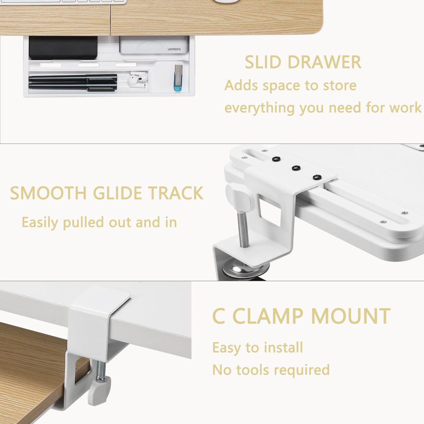 ETHU Under Desk Keyboard Tray, 68x30cm Ergonomic Pull-out Tray with C-Clamp Large Size Keyboard Tray Mount Easy to Install