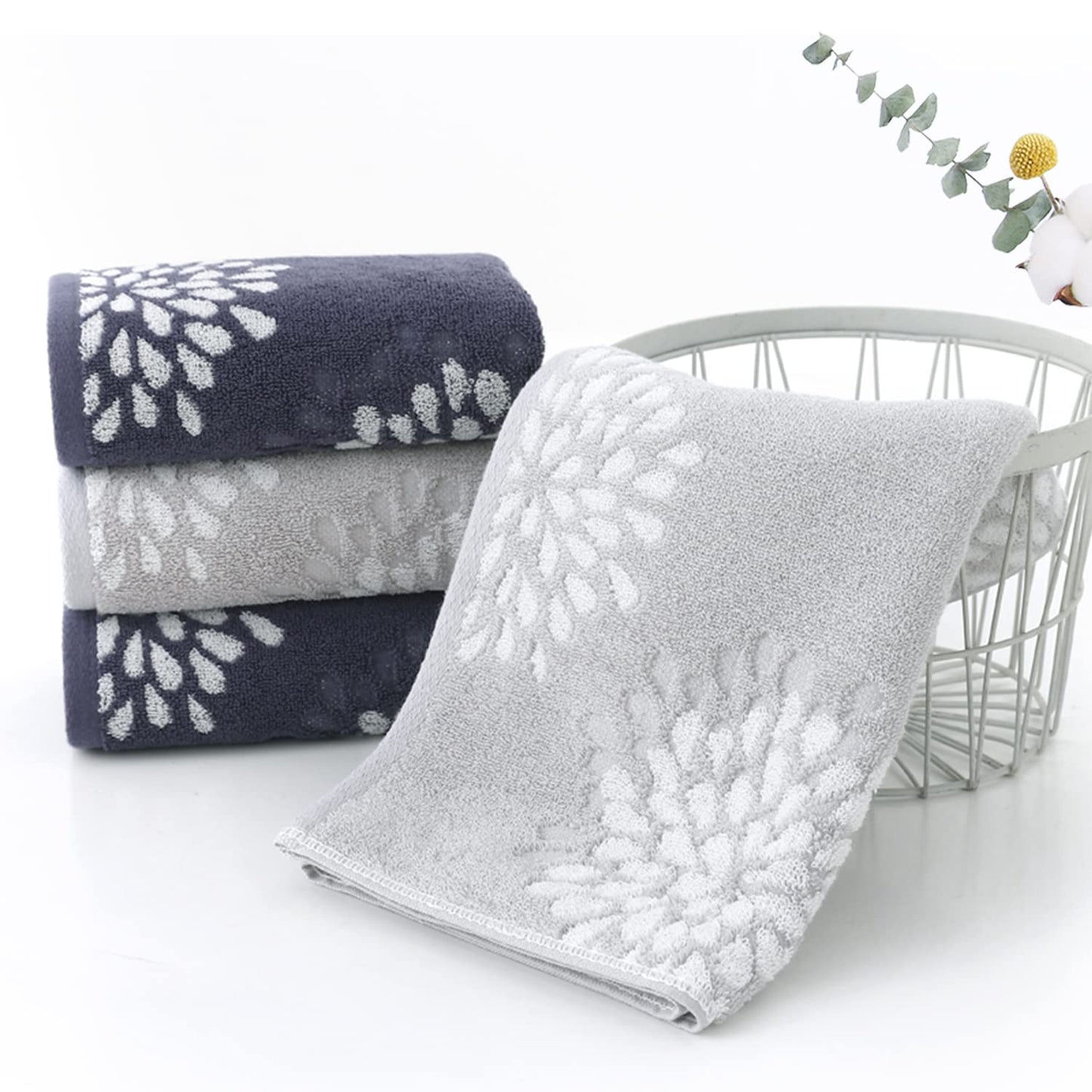 Pidada Hand Towels Set of 2 Hydrangea Floral Pattern 100% Cotton Absorbent Soft Decorative Towel for Bathroom (Denim Blue)