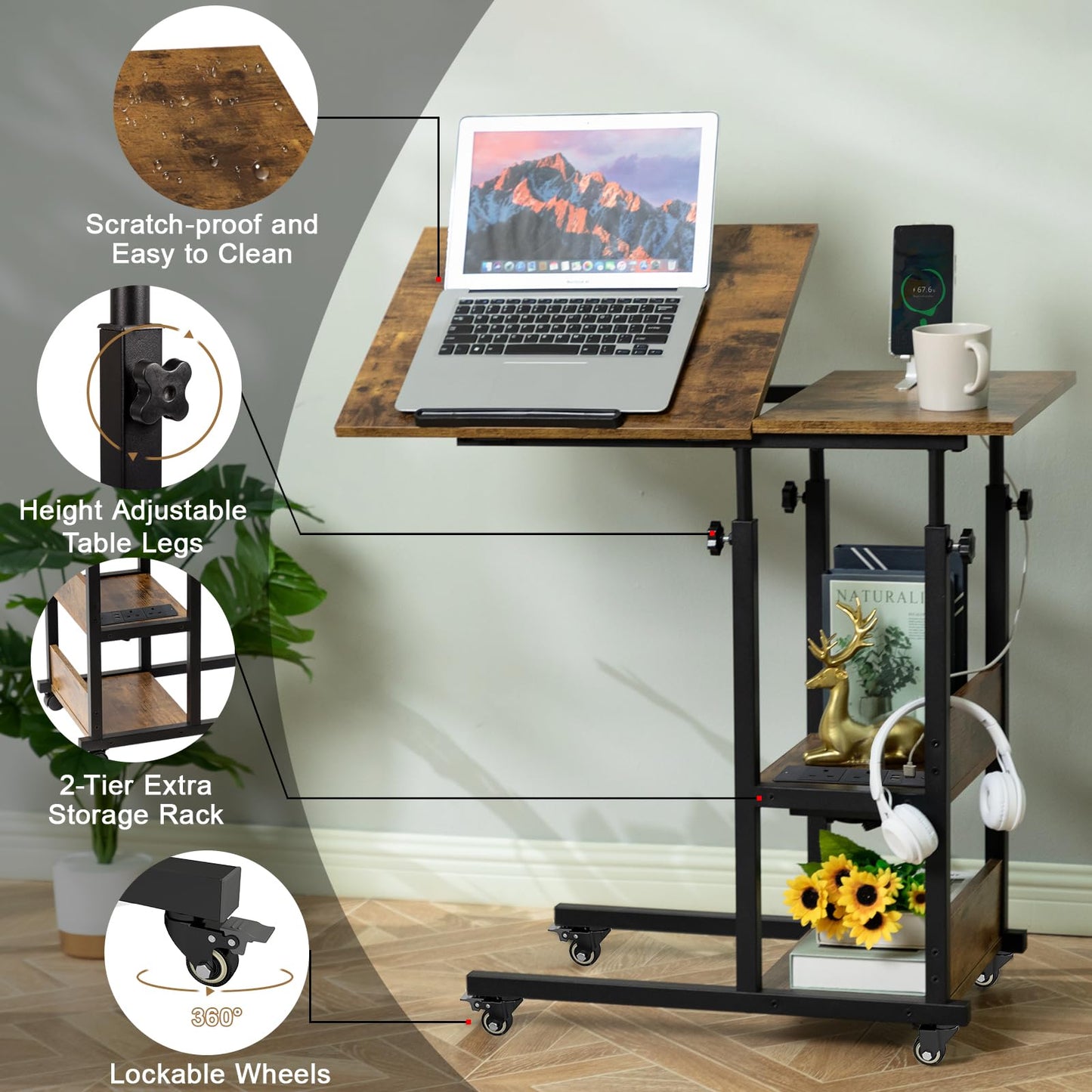 Hadulcet c shaped side table, sofa table with Charging Station, Adjustable Height, c table end table with Storage Space for Living Room, Bedroom