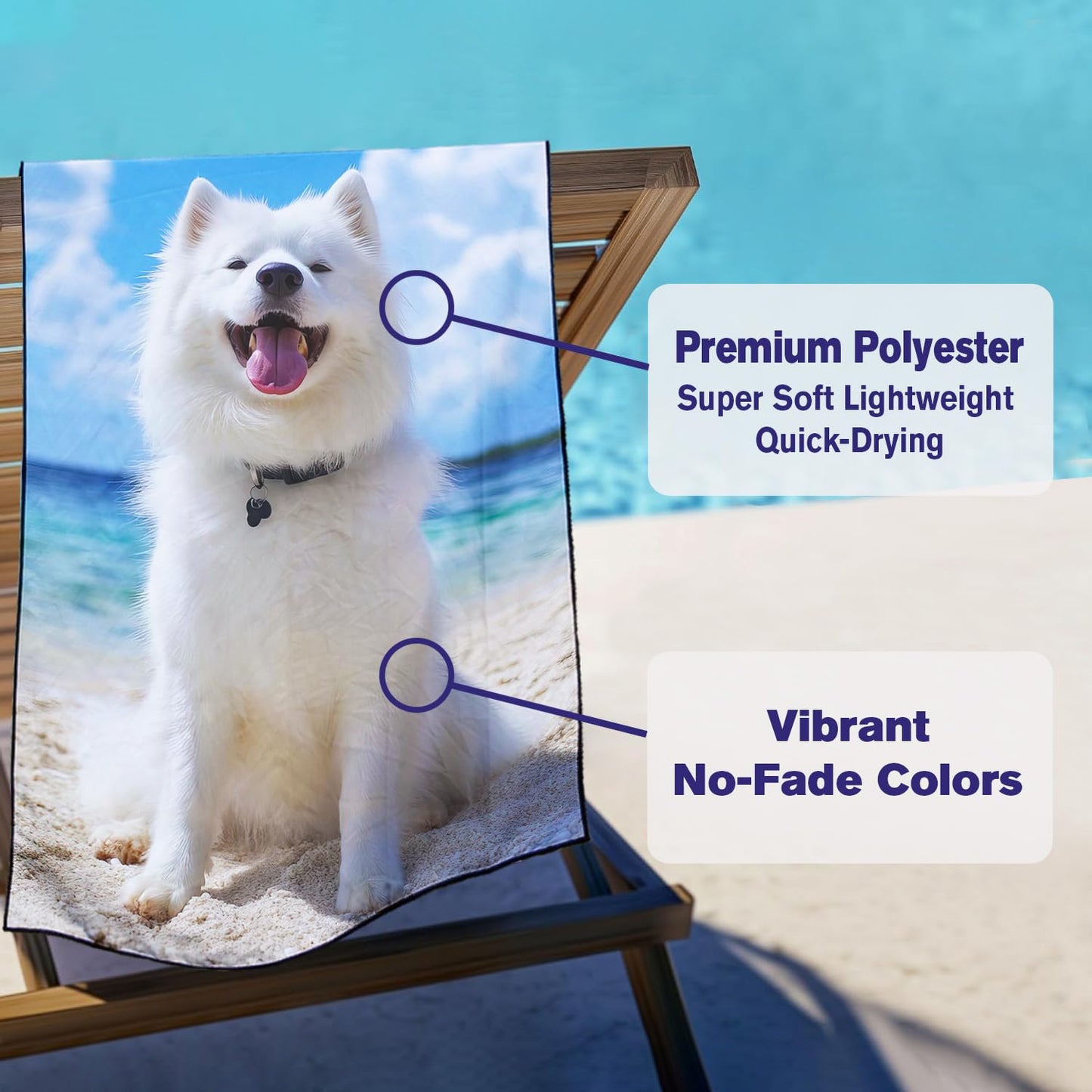 Violetpos Samoyed Beach Towel for Dog Lovers, Extra Large 180x90 cm 250GSM Microfibre, Sand Free Quick Dry