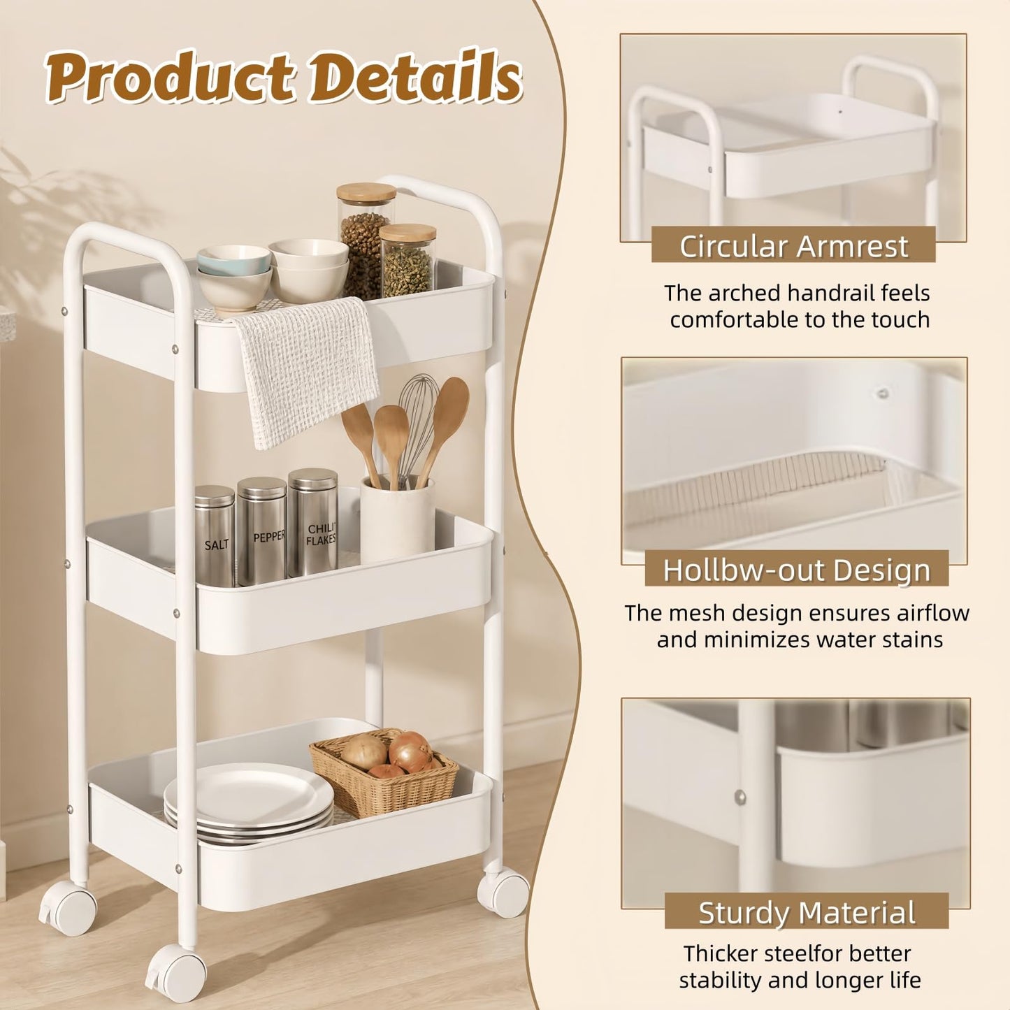 Siocok 3 Tier Metal Storage Trolley on Wheels, Storage Cart, Rolling Utility Cart, Easy Assembly for Home Kitchen, Bathroom Laundry and Office