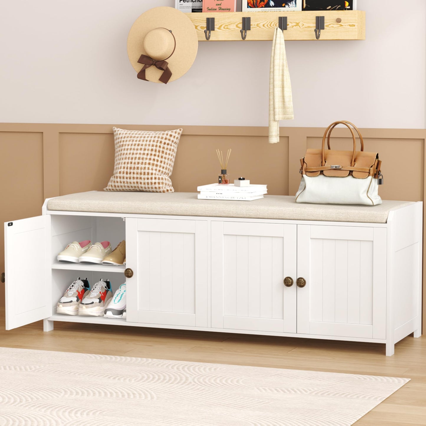 HOME BI Shoe Storage Bench with Cushion, 4 Door Entryway Bench with Padded Seat, 2-Tier Shoe Organizer with Adjustable Shelves