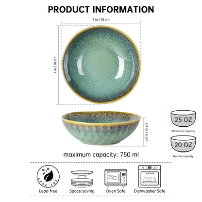 Bowls Set of 4 Bowls - 25 Oz, Cereal Bowls Stoneware Set/Soup Bowls Ceramic Bowls Ramen Retro Green - 750ml