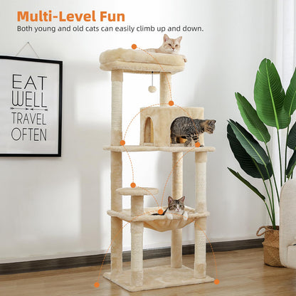 PAWZ Road Cat Tree 143cm, Big Cat Tower 56.3 Inches with Hammock and Lovely House, Activity Center Stable and Sturdy Size L Beige