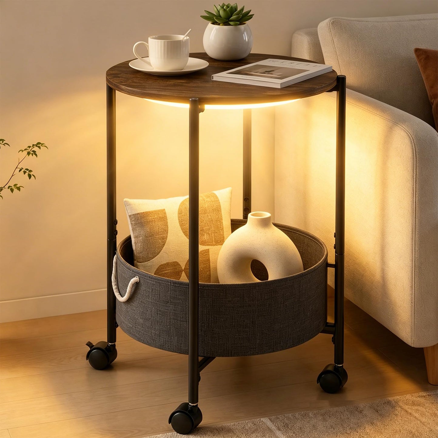 ARTETHYS Side Table, Small Side Coffee Tables for Living Room, End Table with LED Lights, Wheels, Storage Basket, Bedside Sofa Tables for Bedroom