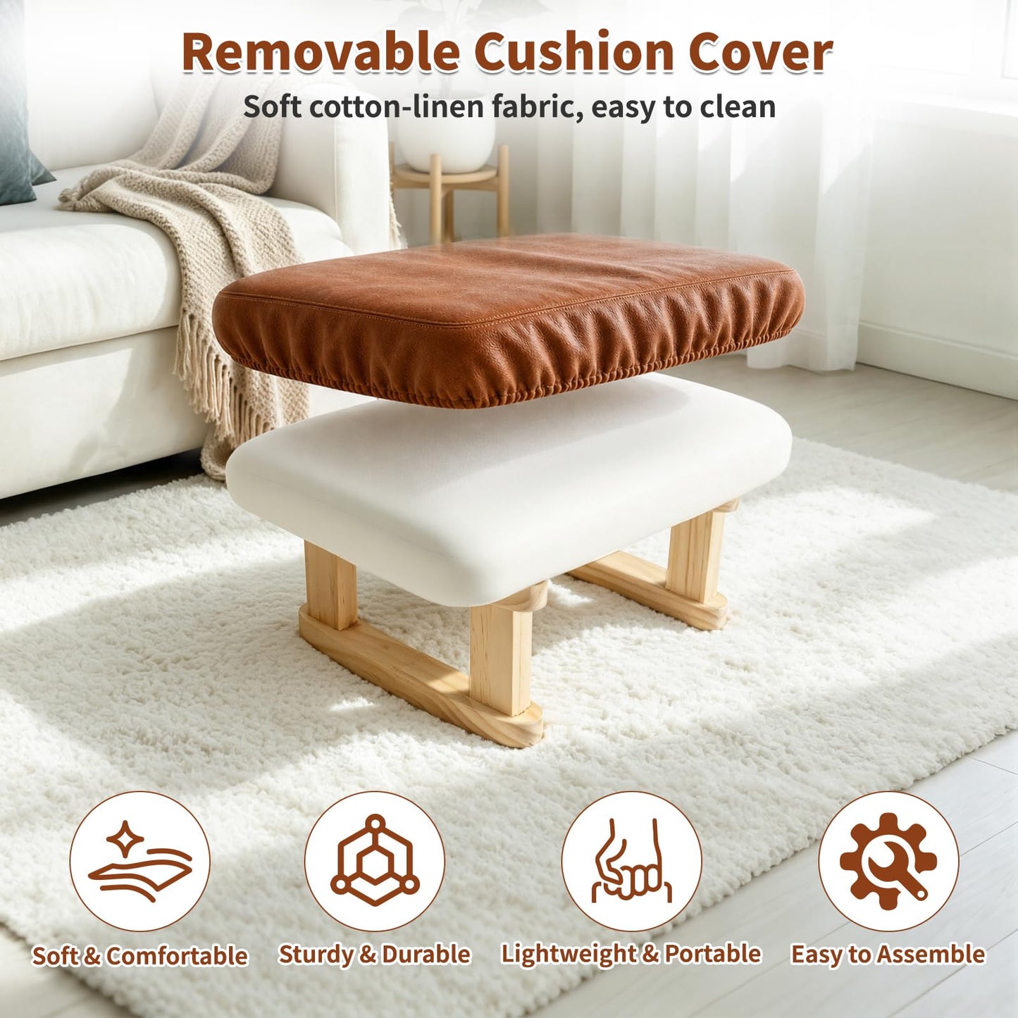 Margolongte Foot Stool, Pouffe Footstool with Removable Cover, Linen Fabric Small Footstool with Cushion