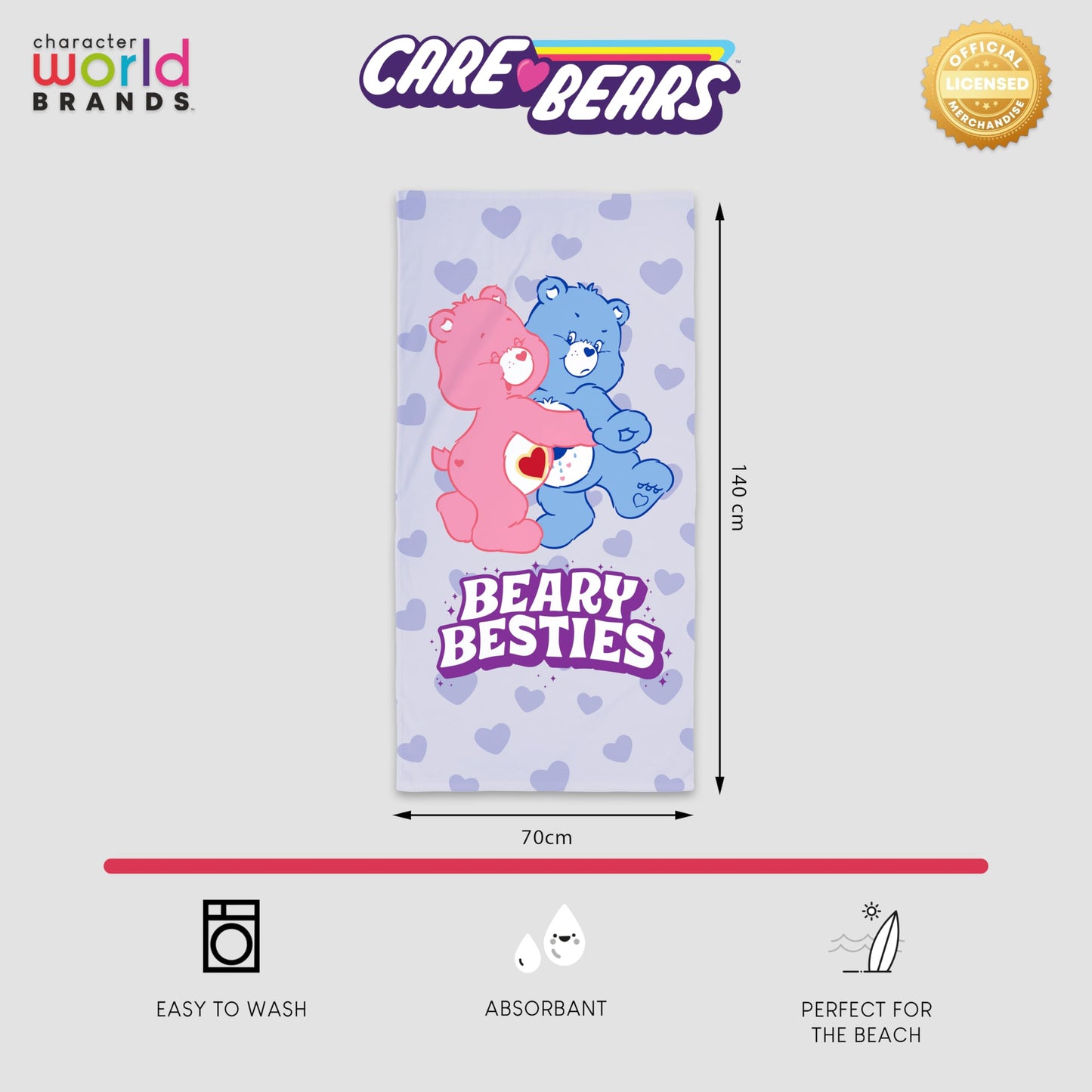 Character World Care Bears Officially Licenced Kids Towel | Super Soft Feel | Besties Design Featuring Cheer and Grumpy Bear | Perfect The Home, Bath
