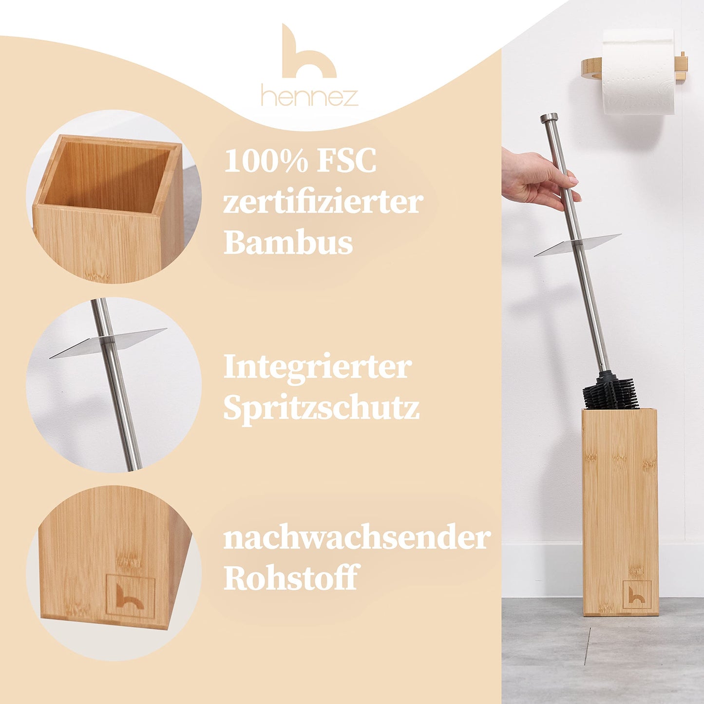 HENNEZ Silicone Toilet Brush with Bamboo Brush Holder
