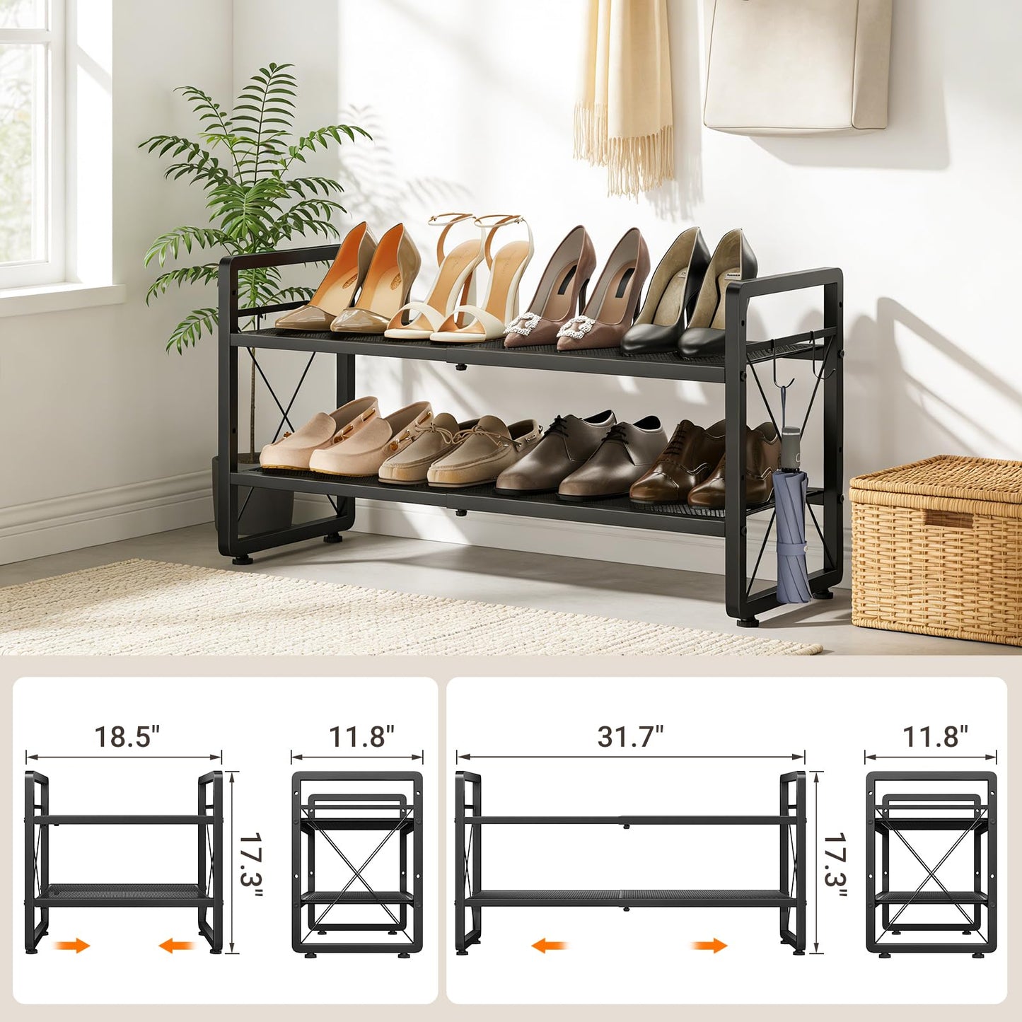 ELYKEN Expandable Shoe Rack 2 Tier, Stackable and Adjustable Height Black