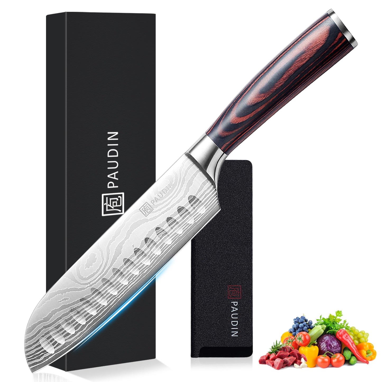 PAUDIN Santoku Knife,Japanese Knife 7 inch,Chef Knife Professinal,Kitchen Knife, High Carbon Stainless Steel Kitchen Knife, Vegetable Meat Cooking,