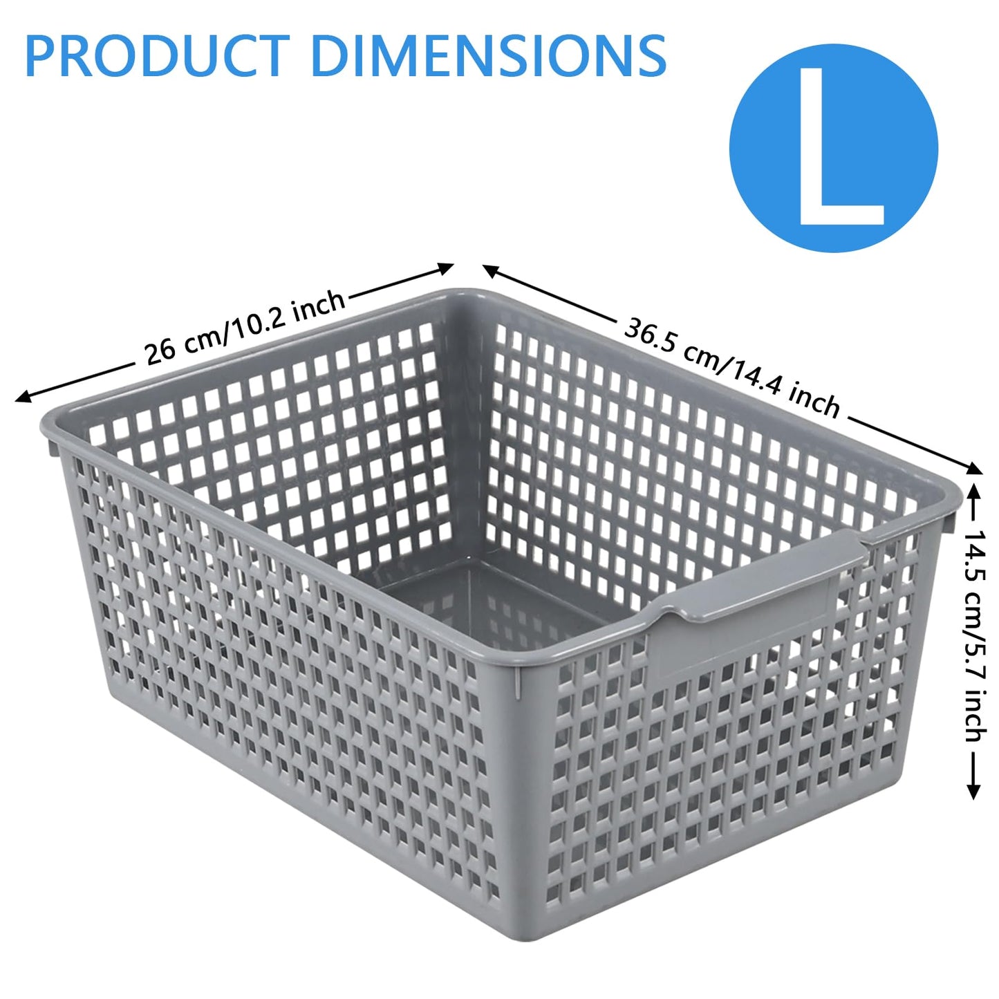 Minekkyes Set of 6 Plastic Cupboard Basket, Large Rectangle Storage Baskets for Home Office Bathroom Shelves(Gray)