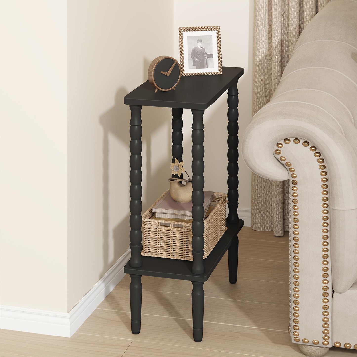 TUTOTAK Narrow Side Table, 2-Tier Small End Table with Storage, Slim Skinny Nightstand for Small Spaces, Living Room, Bedrooms, Black TB01BK001EU