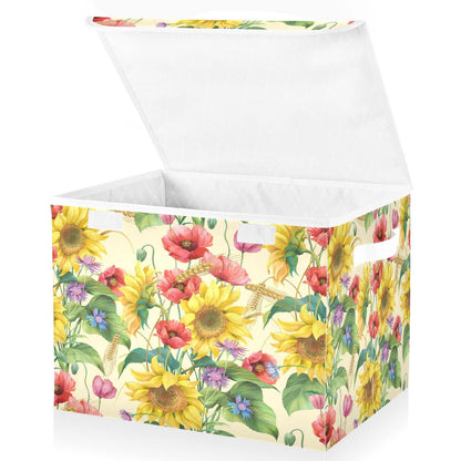 Mnsruu Storage Boxes with Lids, Shabby Chic Sunflower Poppy Daisy Large Storage Basket Organizer Shelves Cube Bin Toy Clothes Underbed