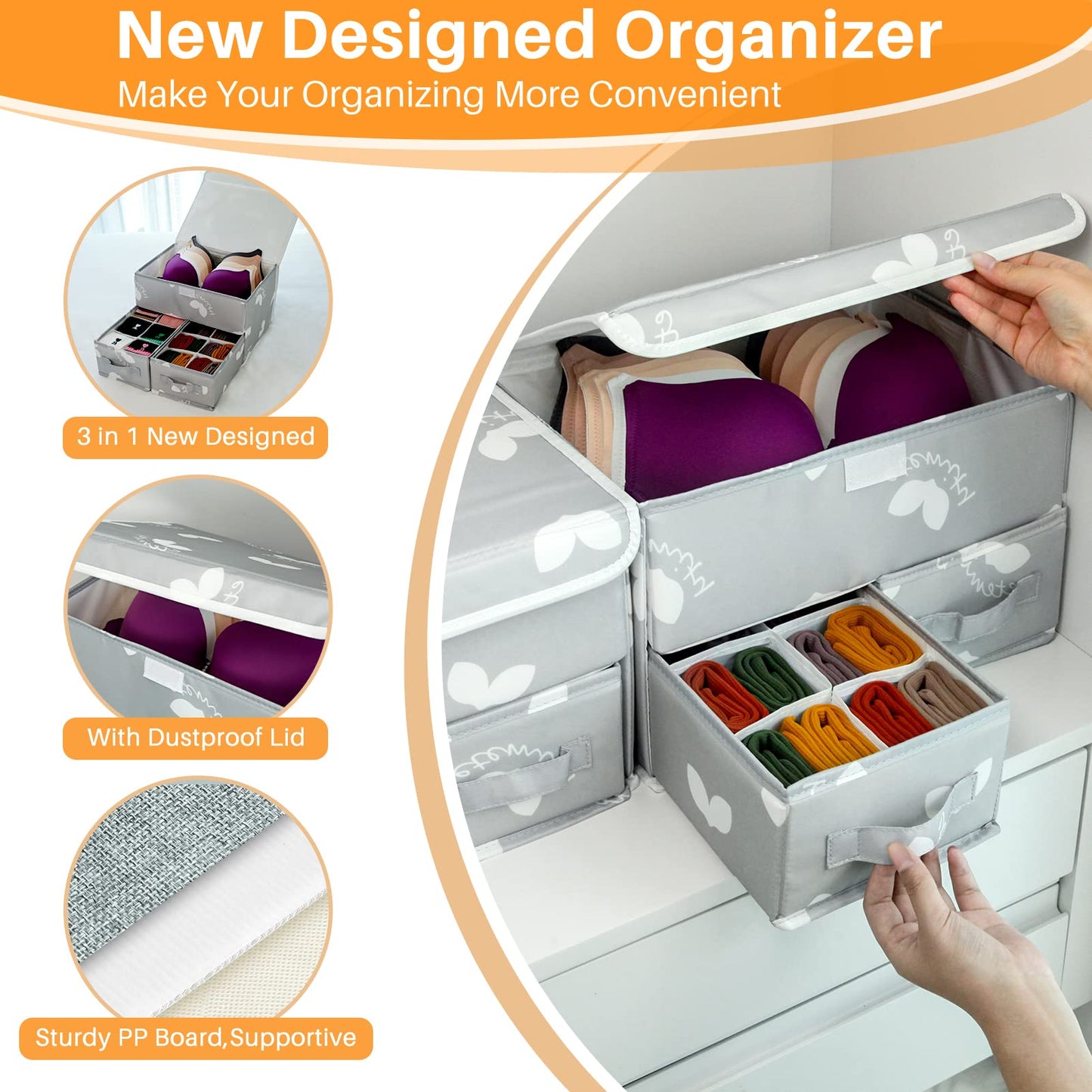 EASEVE Sock Underwear Drawer Organiser with Lid - Wardrobe Clothes Storage Boxes with Dividers, Foldable Fabric Closet Organizer for Bra, Sock, Shirt