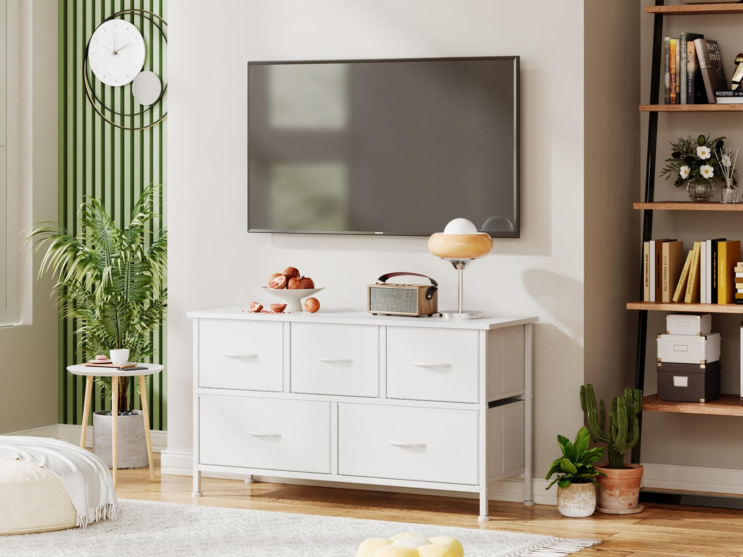 CAIYUN Chest of Drawers with 5 drawers, White Fabric Dresser with Wood Top for Bedroom, Living Room, Large Storage Space