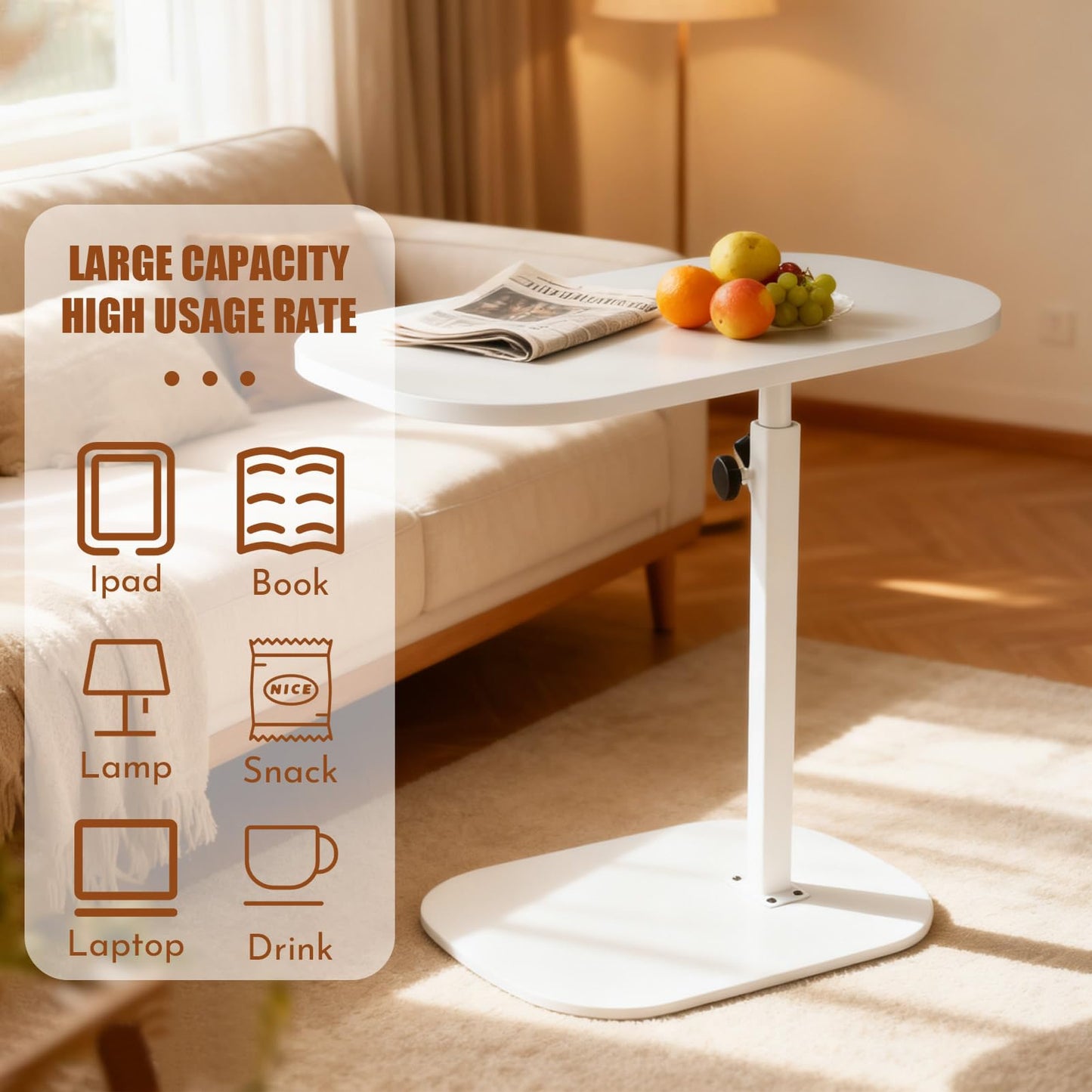 YASHIIN Adjustable C Shaped Side Table with 360 Degree Rotating Top, White Under Bed Table for Living Room, Sofa Bedside Table