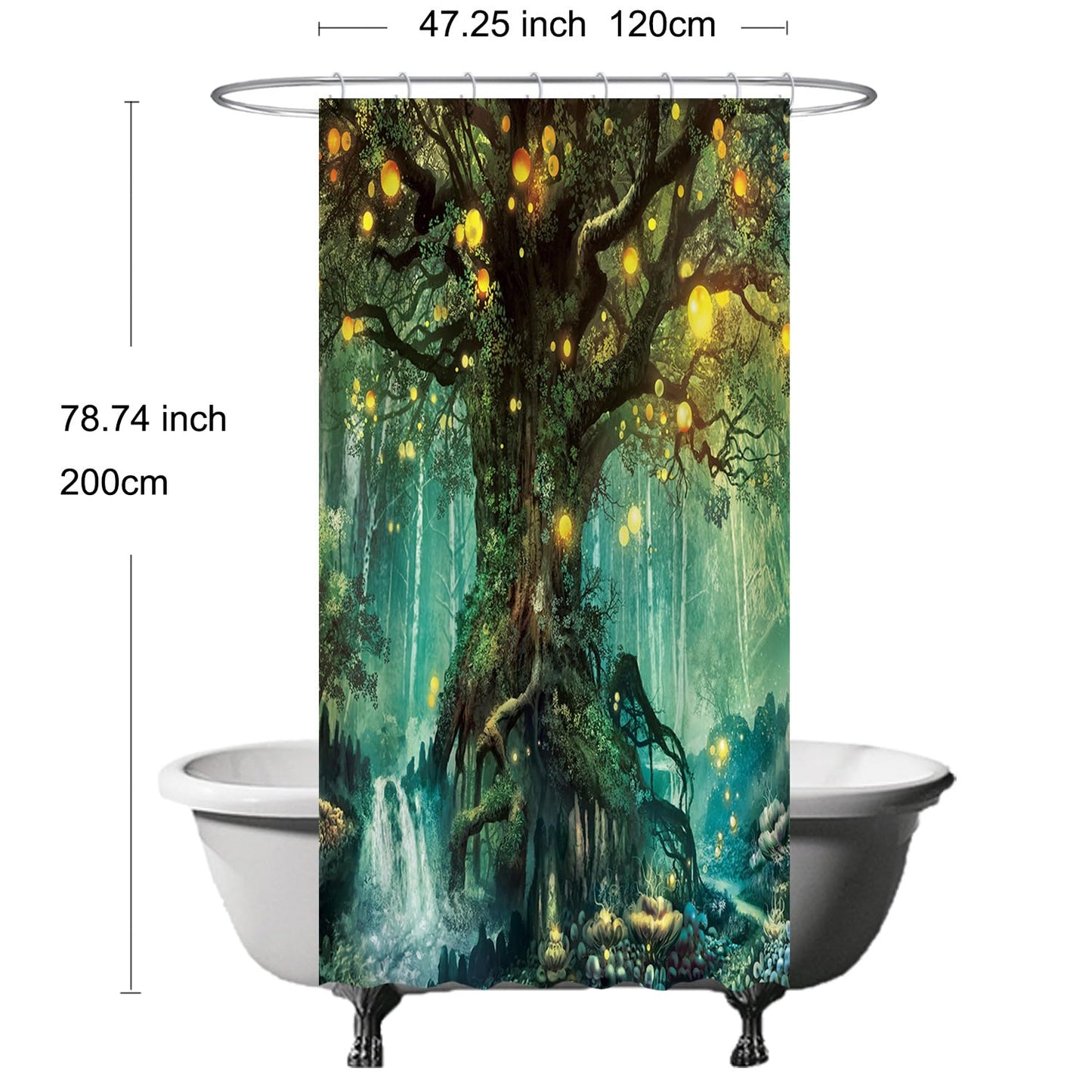 Ulticool Shower Curtain - Fairy Tale Elf Tree Magic Forest Nature - 120 x 200 cm - Washable - Waterproof - Anti Mould - with 8 Rings - Green Yellow