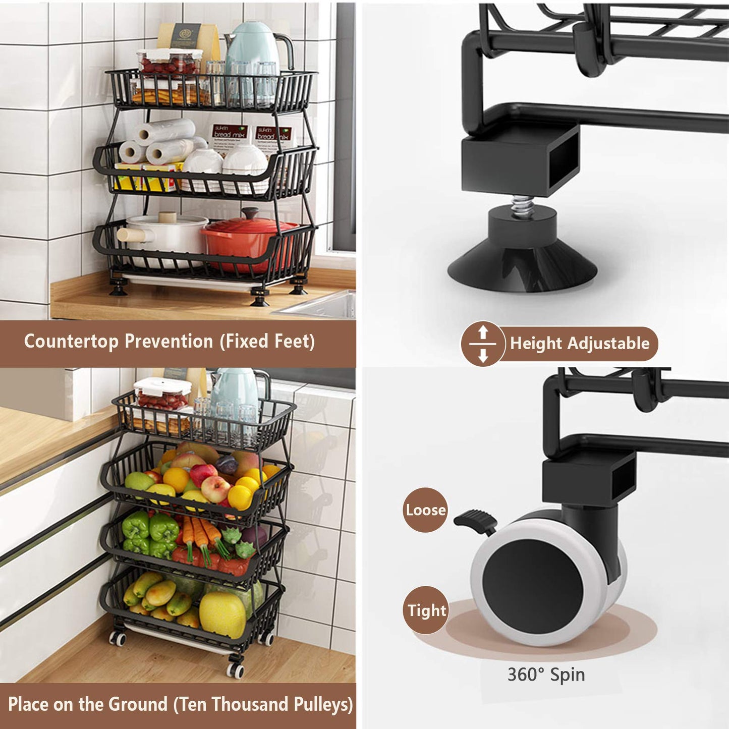 BRIAN & DANY 3 Tier Vegetable Storage Rack, Stackable Fruit Vegetable Stand with Lockable Casters and 5 S-Hooks for Kitchen, Pantry, Bathroom, Garage