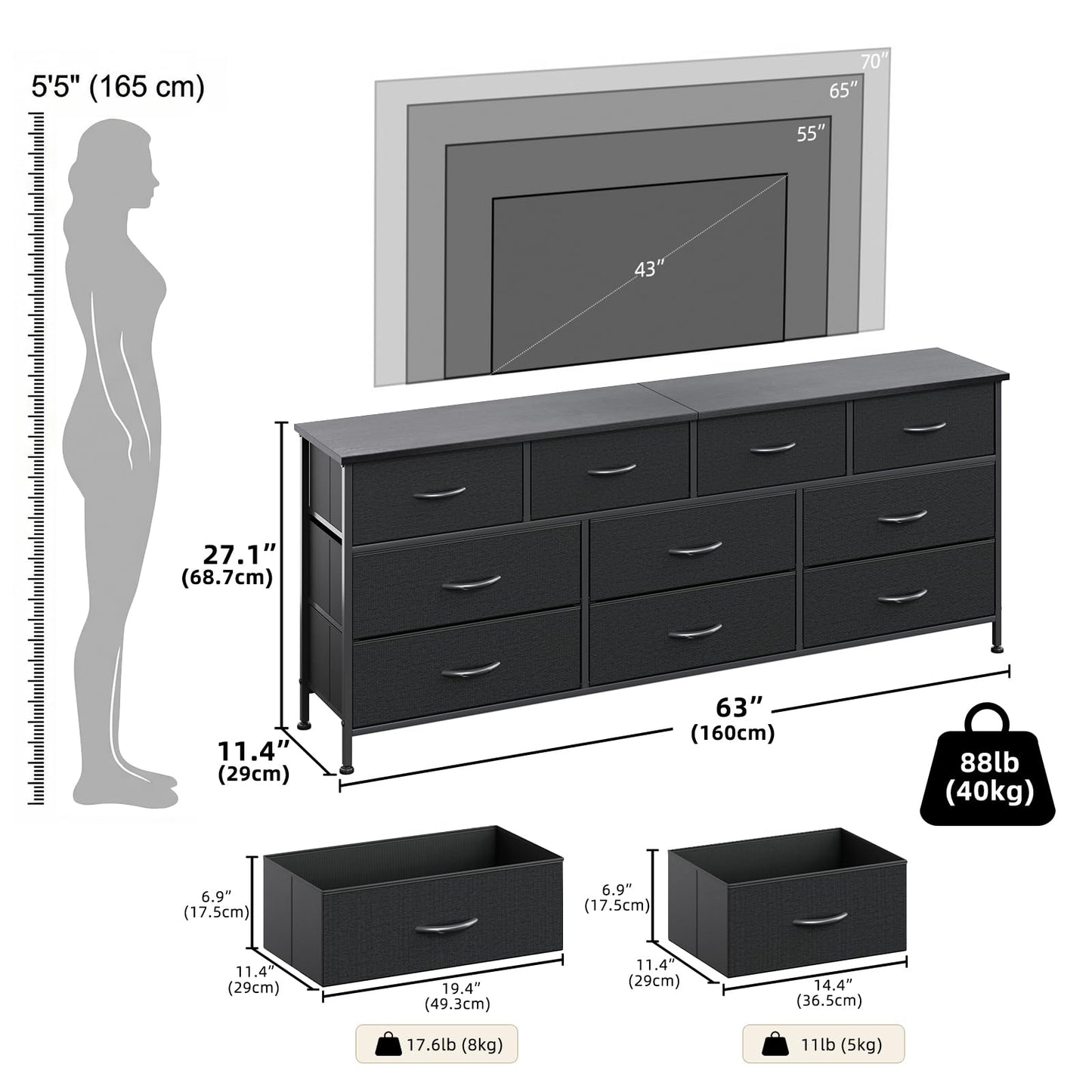 VERMESS Bedroom Dresser & Chests of Drawers with 10 Fabric Drawers, TV Stand Cabinet Unit for 65", 70" TV, Dresser Storage Organizer