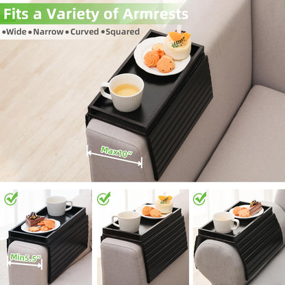 GEHE Natural Bamboo Sofa Arm Tray, Armrest Tray Table Anti-Slip, Couch Cup Holder for Snacks, Phone, Control, Cups, Flexible and Foldable, Black