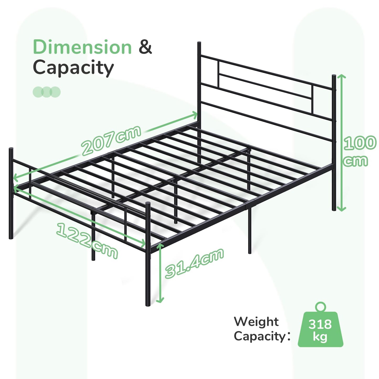 Novilla 30.5cm Metal Bed Frame with Headboard and Footboard, Steel Slat Support, Mattress Foundation Non-Slip Design, Easy Assembly