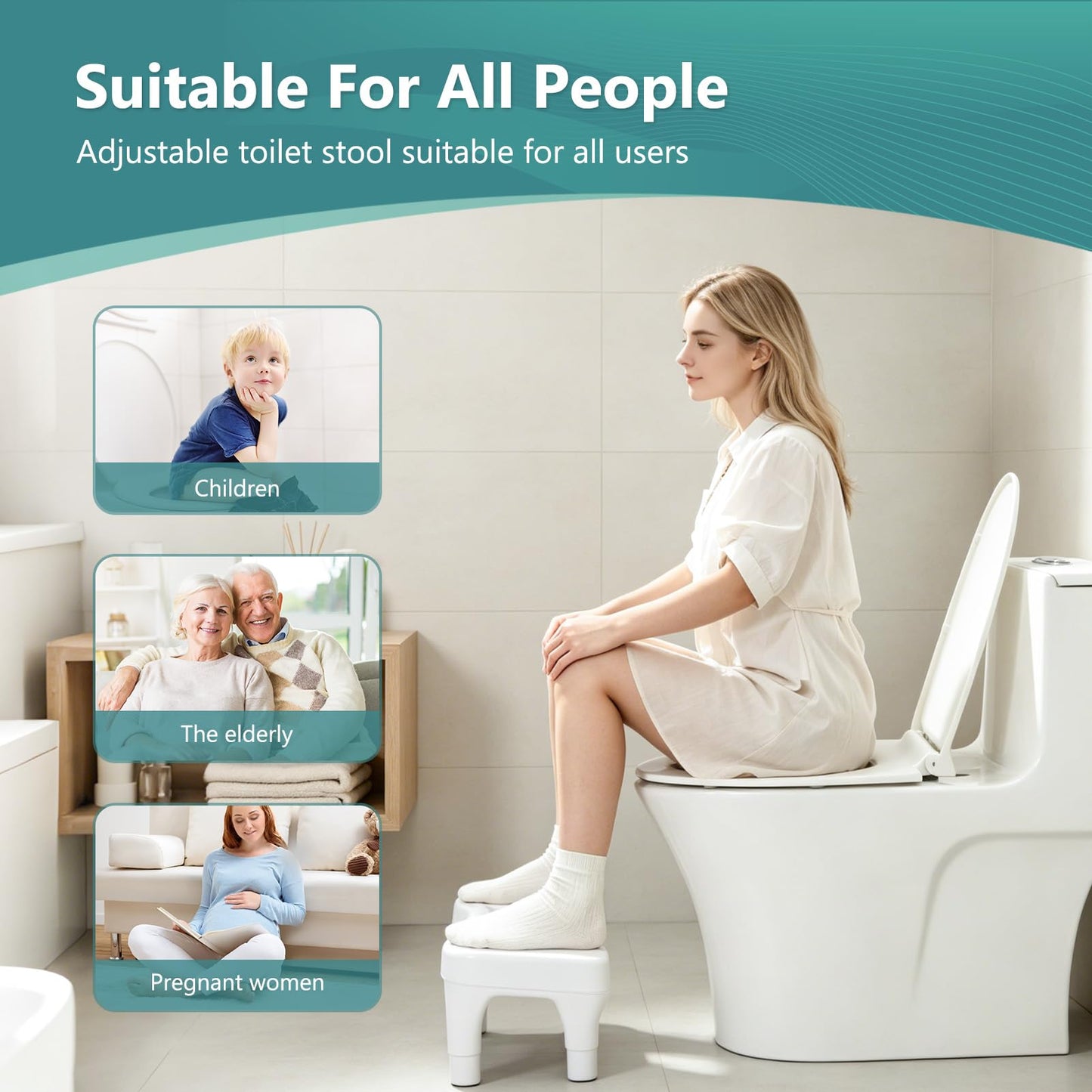 Fanwer Poop Stool Toilet White Adults for Bathroom, 5.9" to 8.5" Adjustable Height Toilet Stools Squat Adult