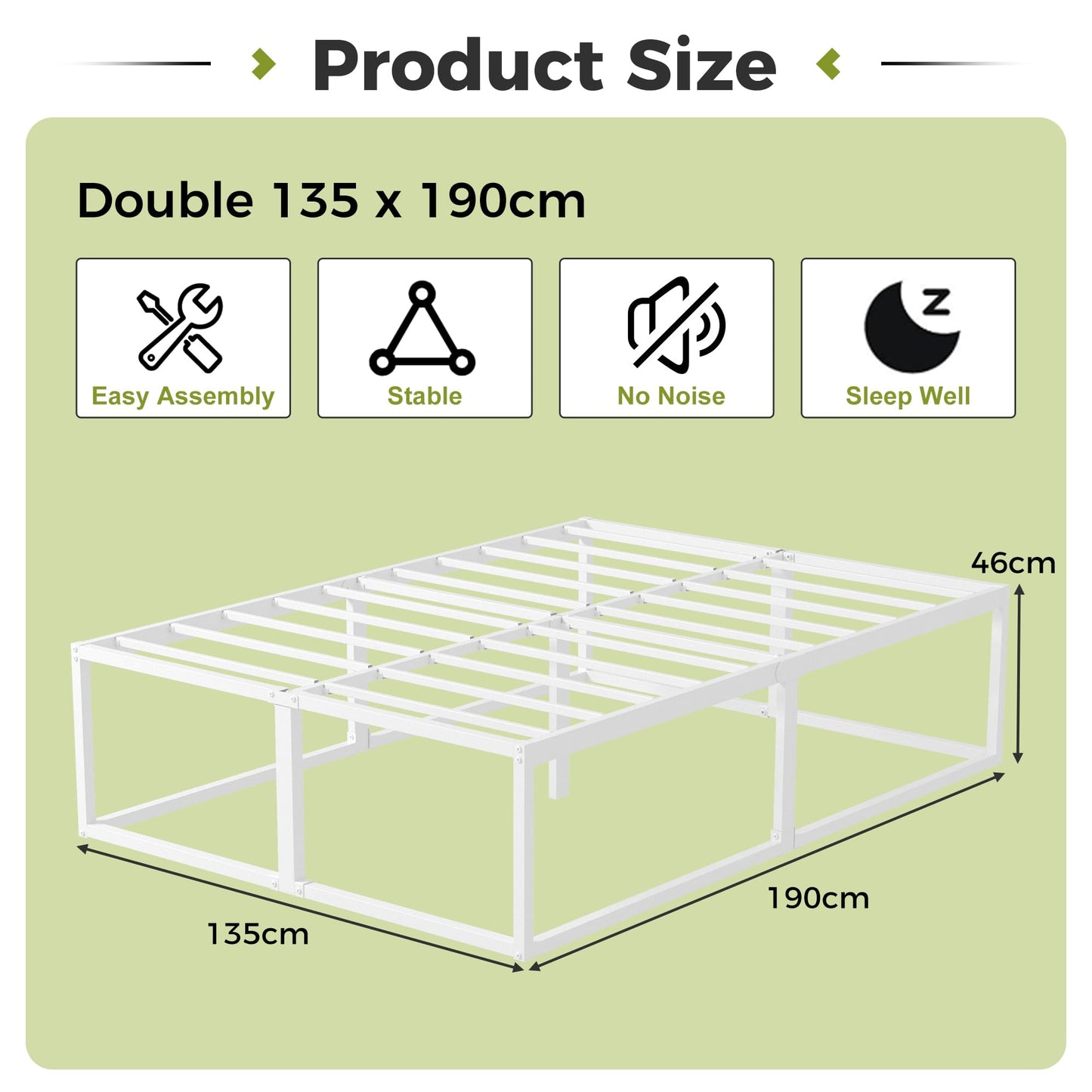 EMODA Double Bed Frame 135x190 cm with Sturdy Slats Support, White