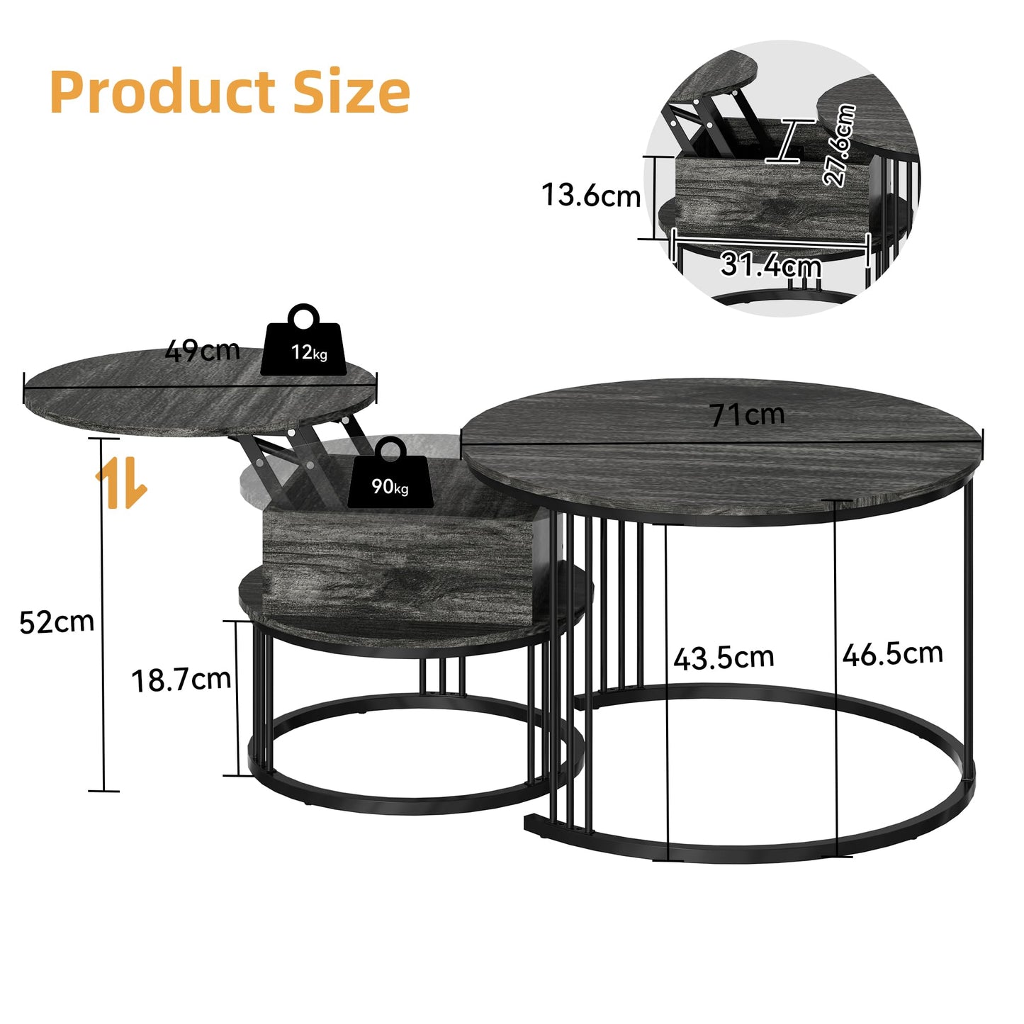 PURFINO Round Coffee Table - 70cm/50cm Nesting Tables Set of 2, Hydraulic Lift-Top with Hidden Storage, Centre Table for Living Room, Small Space