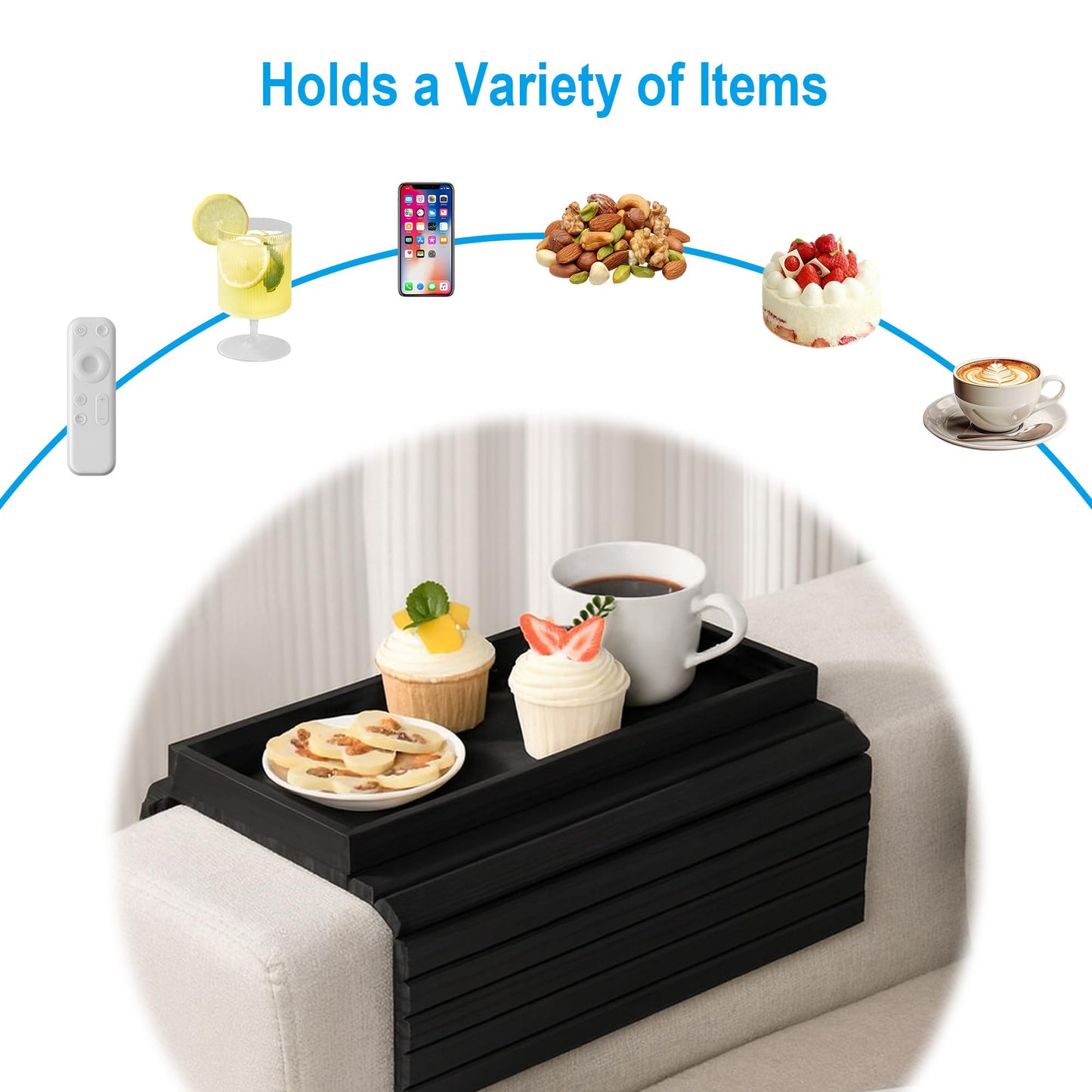 Black Wooden Sofa Arm Tray: Flexible Foldable Couch Armrest Tray