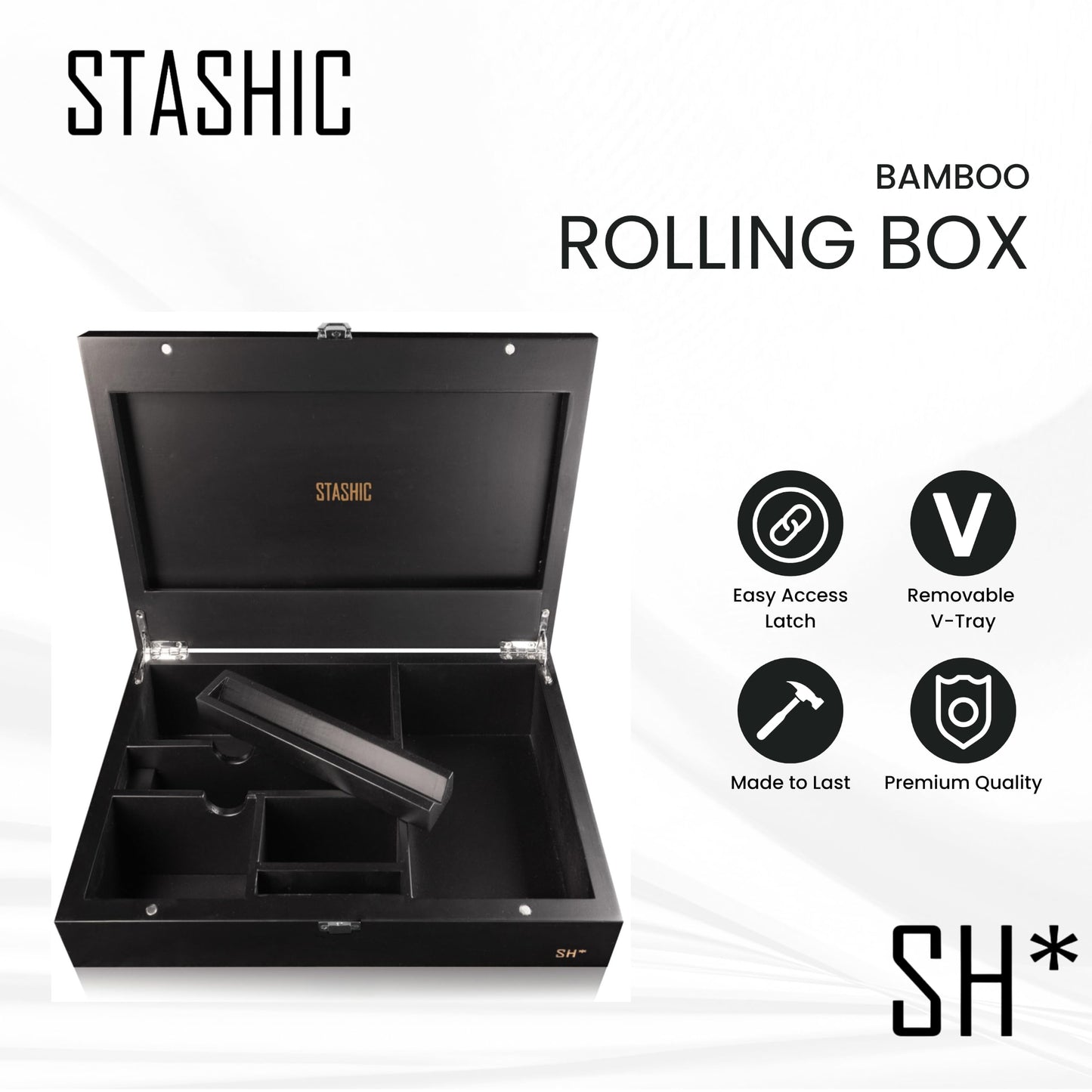 STASHIC Bamboo Stash Box - Rolling Box with Compartments - Latch - SH*