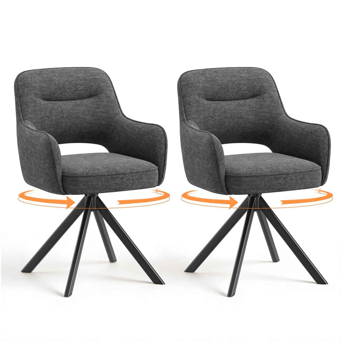 COLAMY 360°Swivel Dining Chairs Set of 2, Fabric Chairs for Dining Room with Armrests, Hollow Backrest and Thick Seat Cushion