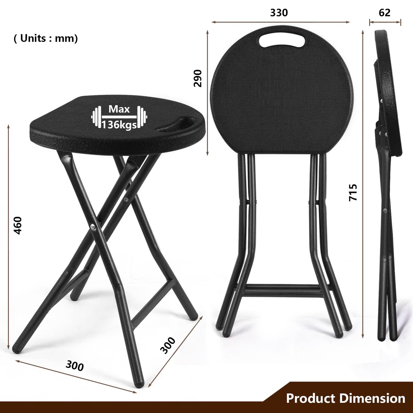 RFIVER Folding Stools,Set of Two,Light Weight Metal and Plastic Foldable Stools,136kgs Capacity,2-Pack Black,CH1001