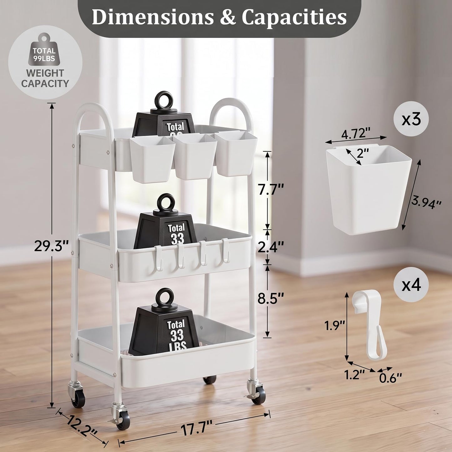 danpinera 3-Tier storage trolley, Metal storage cart with Lockable Wheels & Hanging Cups & Hooks, storage trolley on wheels for bathroom, kitchen
