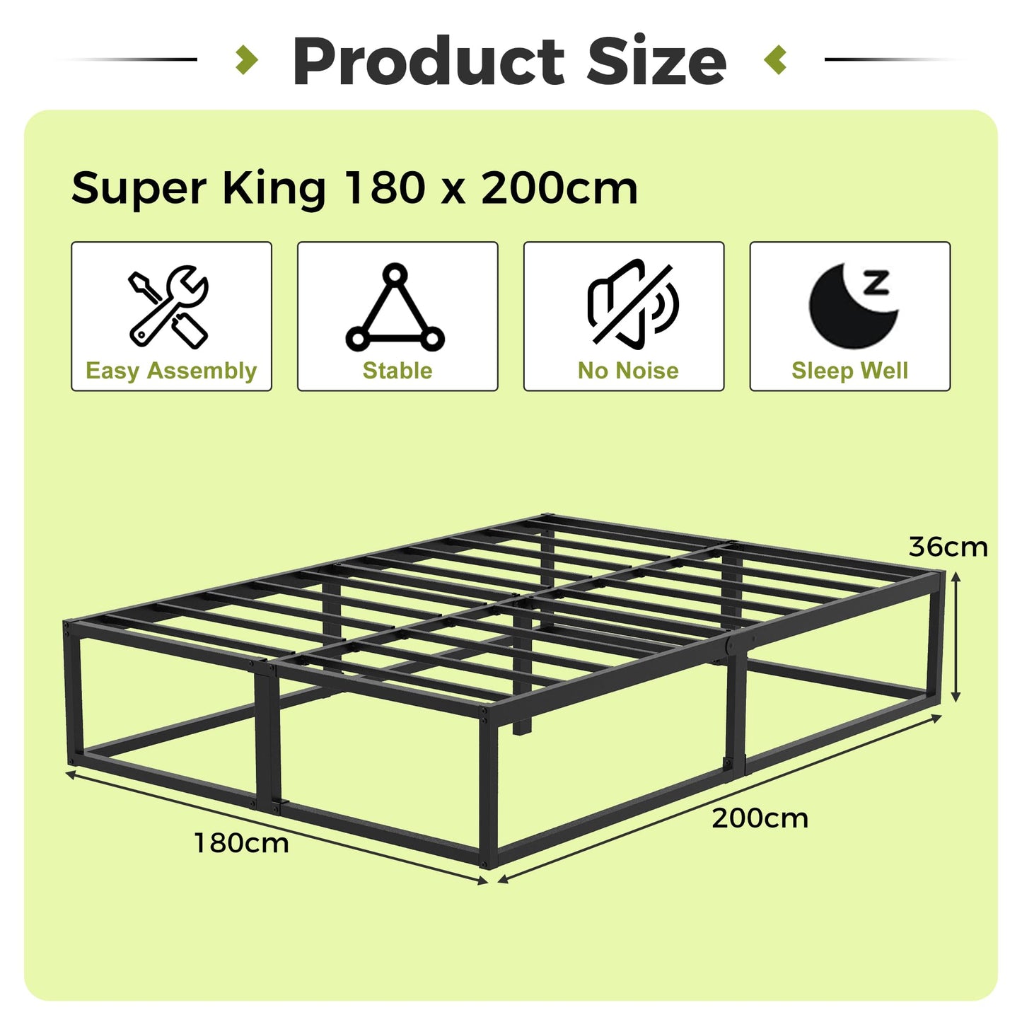 EMODA Super King Bed Frame 36cm High with Steel Slats Support, Black