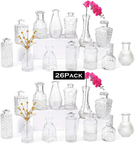 Small Glass Flower Vase set of 26 for Wedding Centrepiece Table Decorations, Clear Crystal Vintage Embossed Bud Mini Flowers Vases in for Party or
