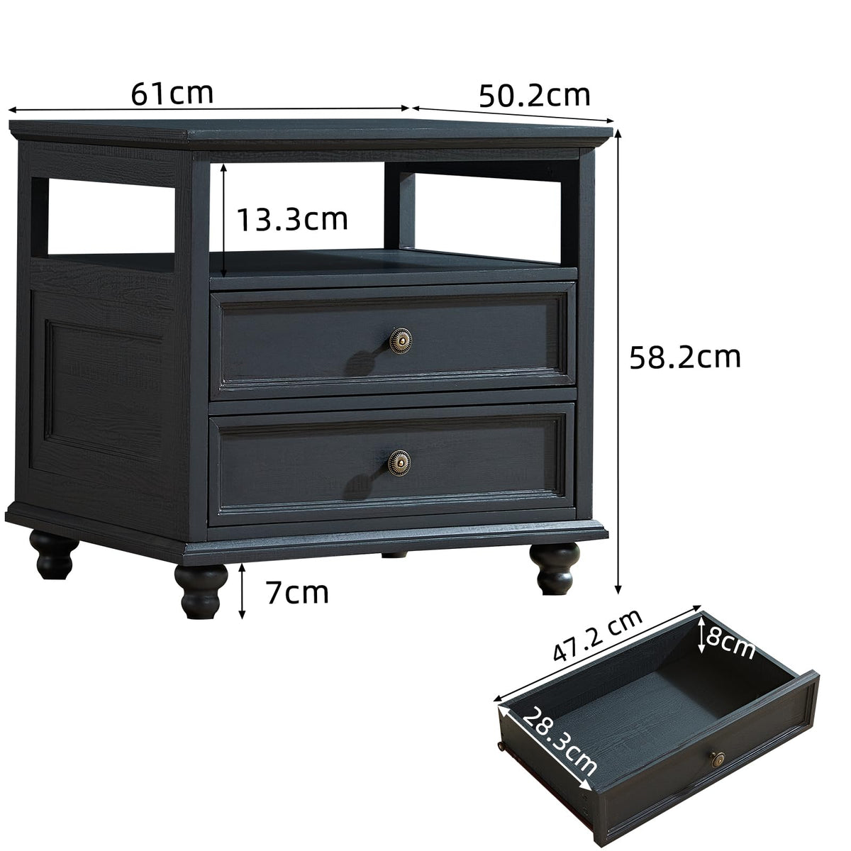 LELELINKY Farmhouse Bedside Table with 2 Drawers and Open Storage