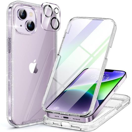 Miracase GLASS Case Compatible with iPhone 14 Case 6.1 inch, [Glass Screen Protector] Full Body Rubber Bumper Case Cover (Clear Glitter)