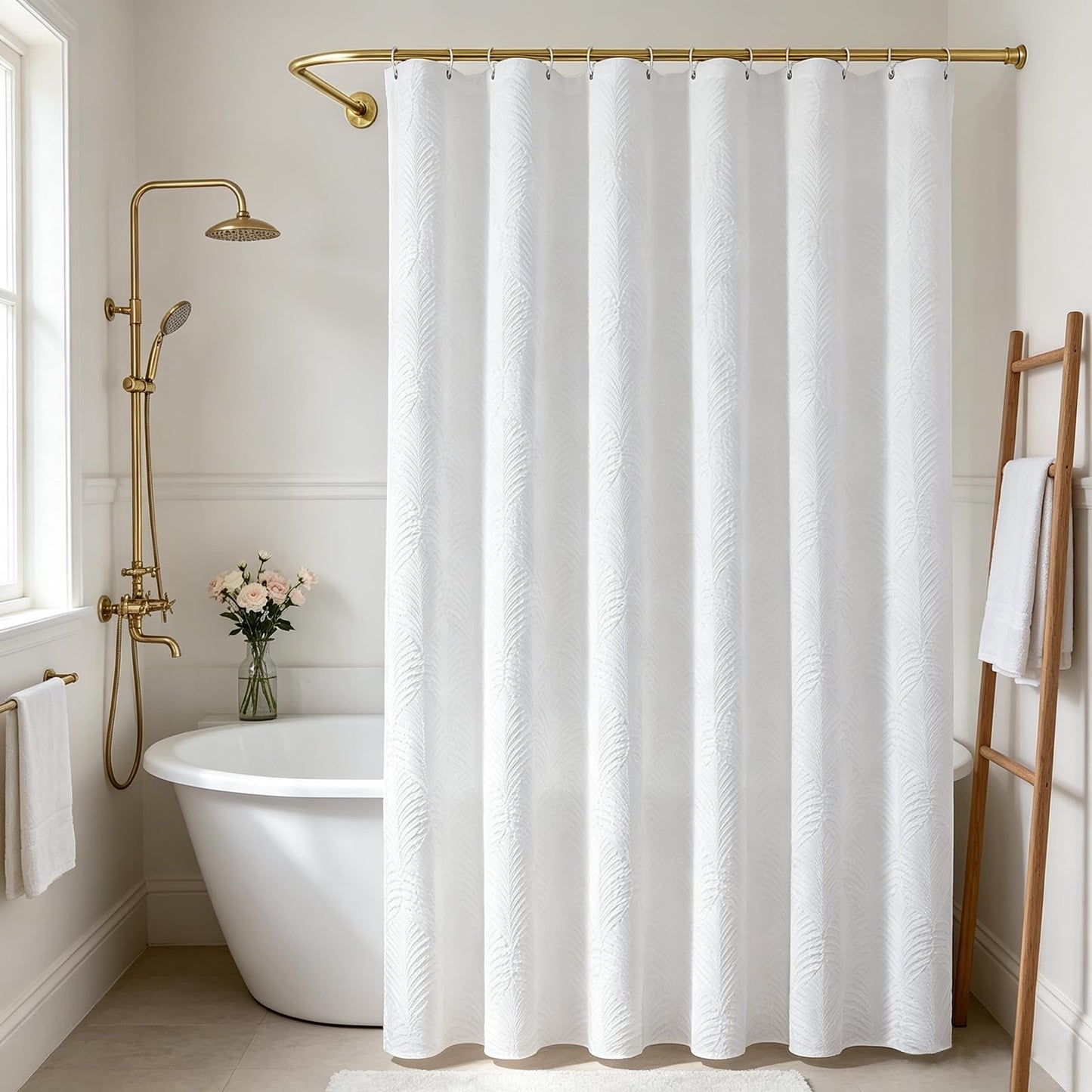 White Shower Curtain 120 cm x 200 cm for Small Bathroom - Thick Fabric Shower Curtains with Hooks & Weighted Hem