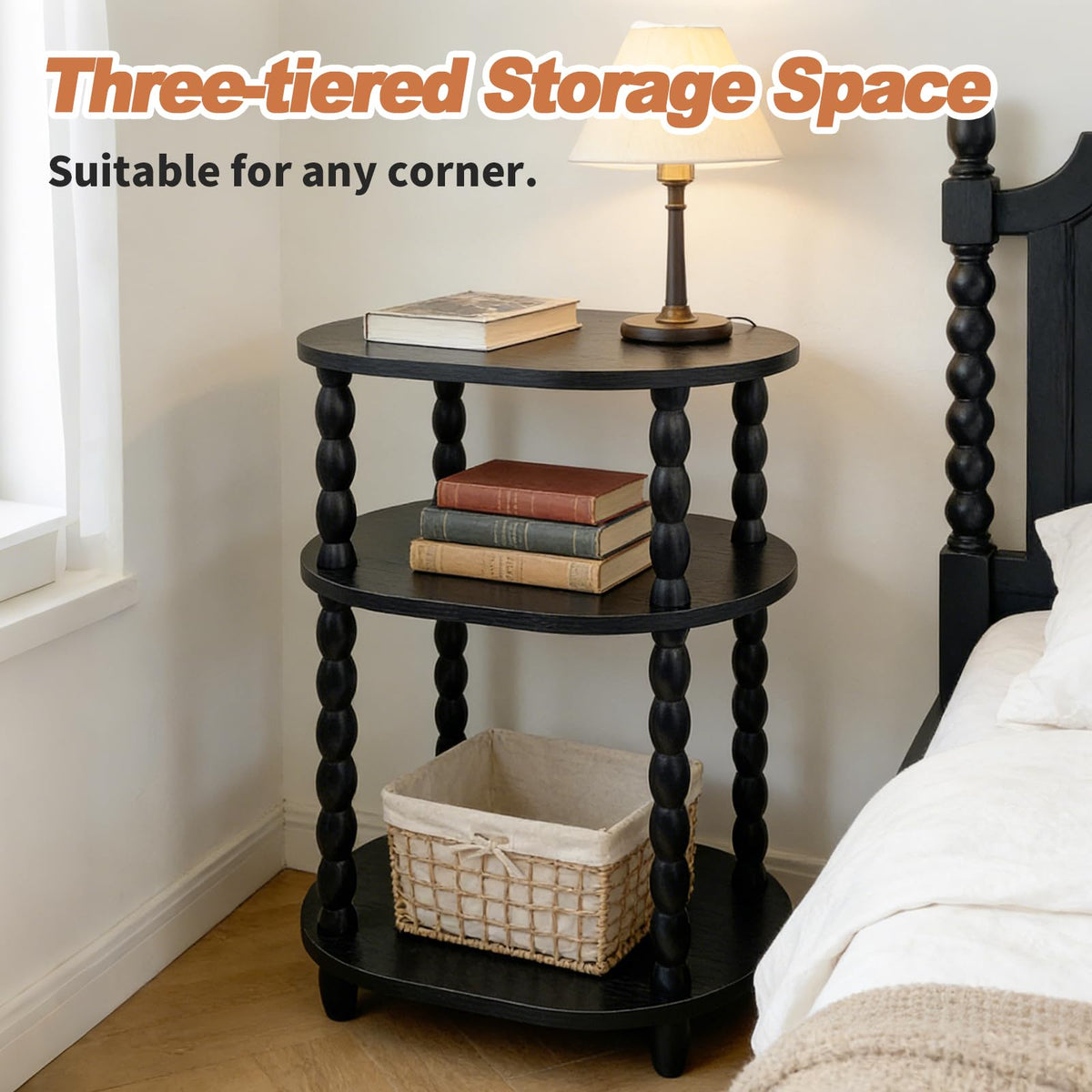 GOODLAN Wooden Side Table,3-Tier Small End Table with Storage Shelf, Vintage Retro furniture Bedside Coffee oval Table Night Stand for Living Room