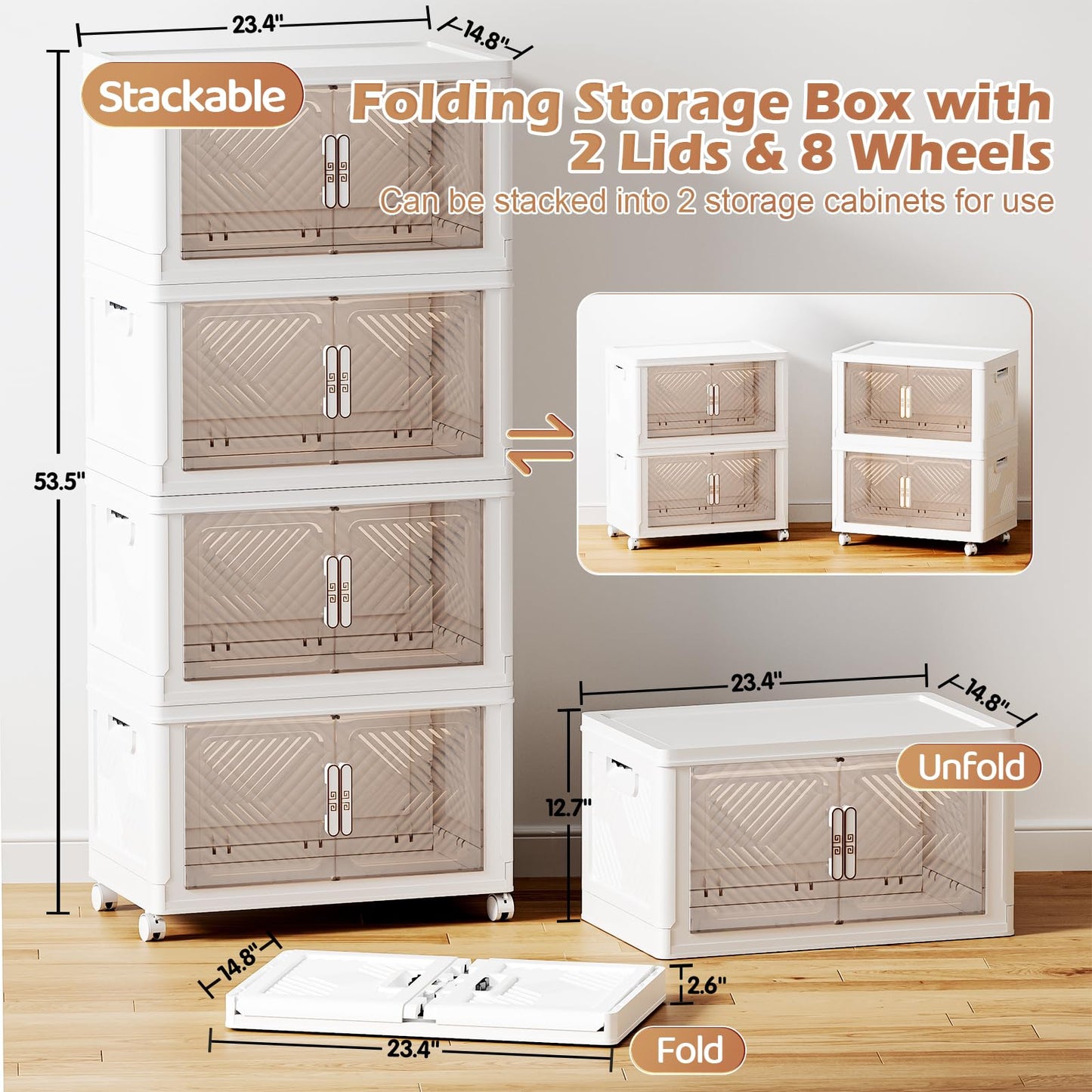 pioncrey 4 Packs Storage Boxes with Lids, 70L*4 Large Capacity Stackable Storage Boxes, Plastic Collapsible Storage Box, Folding Storage Box with