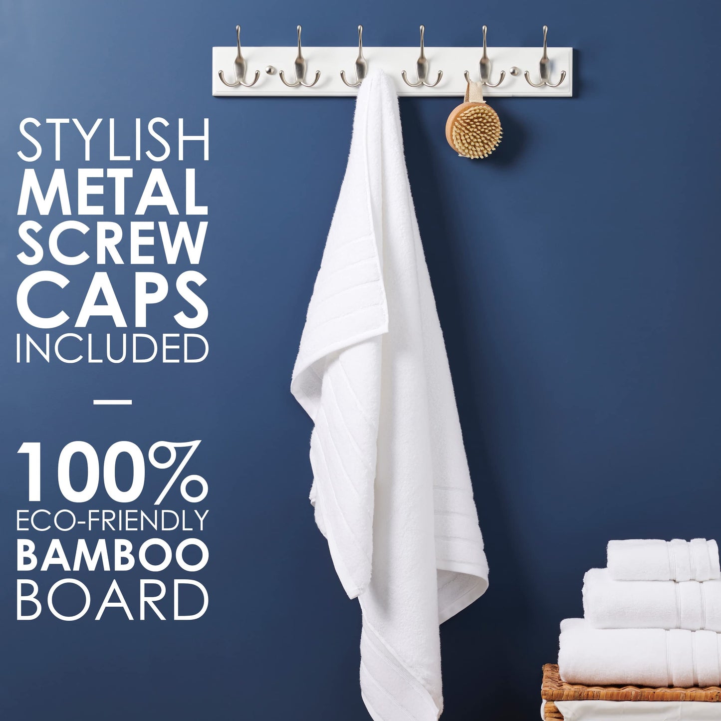 LARHN White Wall-Mounted Coat Rack - 6 Matt-Nickel Coat Hooks, 59cm