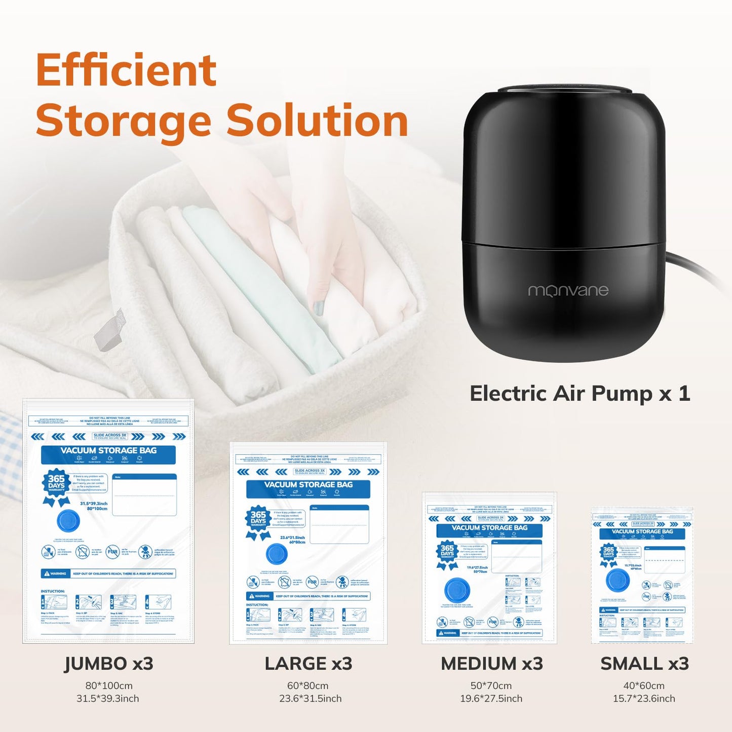 MONVANE Vacuum Compression Storage Bags for Clothes - 12 Pack Reusable Space Saver Bags with Wired Electric Air Pump for travel (3J + 3L + 3M + 3S)