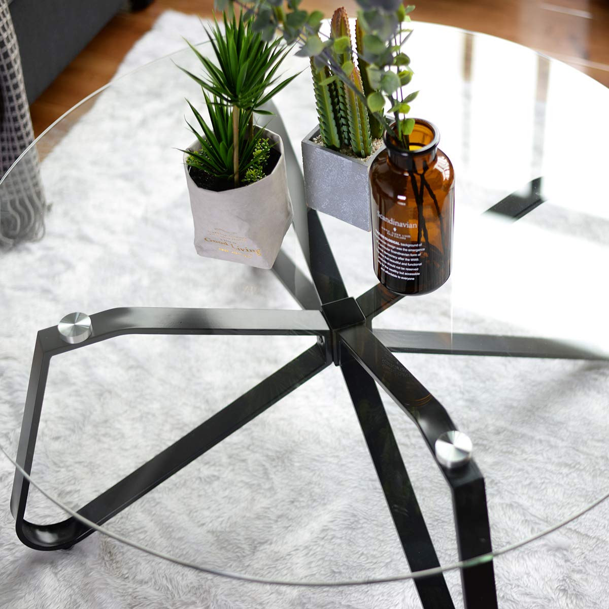 FurnitureR Round Coffee Table Tempered Glass Top Metal Design Leg Nordic Minimalism Style Tea Table for Home Living Room, D80cmxD80cmxH40cm