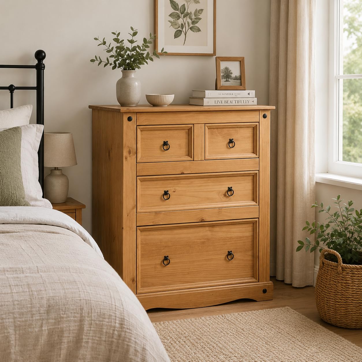 Corona Chest of Drawers 4 Drawer Solid Pine Wood with Traditional Design, Large Drawer Space, Black Metal Hardware, Wax Finish